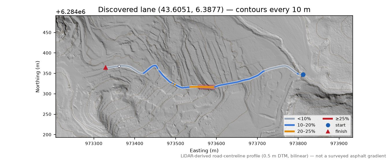 Discovered lane (43.6051, 6.3877) LiDAR hillshade map with contours
