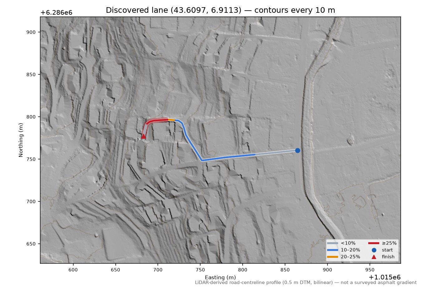 Discovered lane (43.6097, 6.9113) LiDAR hillshade map with contours