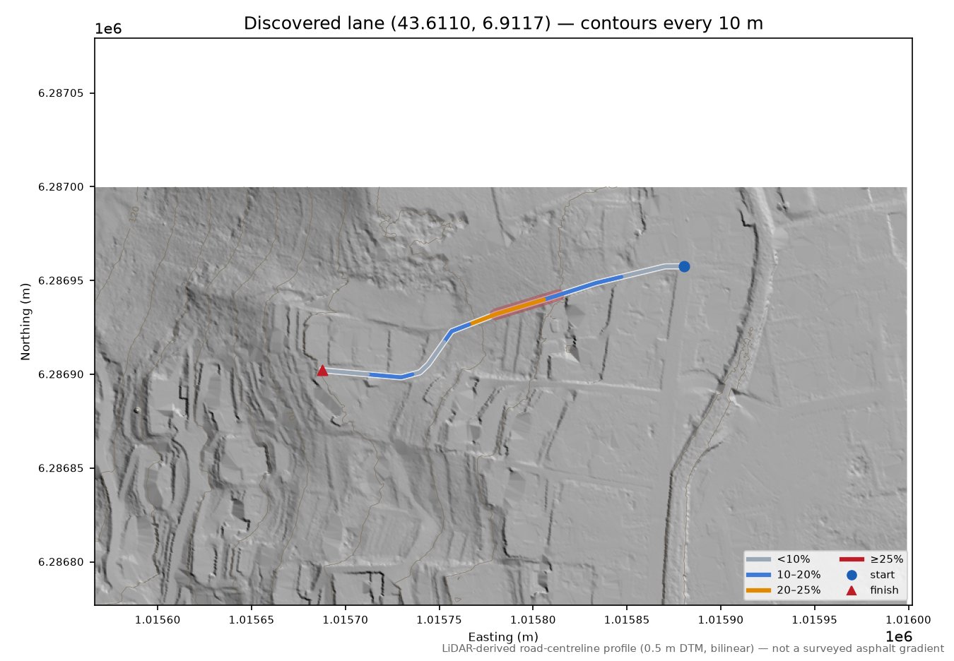 Discovered lane (43.6110, 6.9117) LiDAR hillshade map with contours