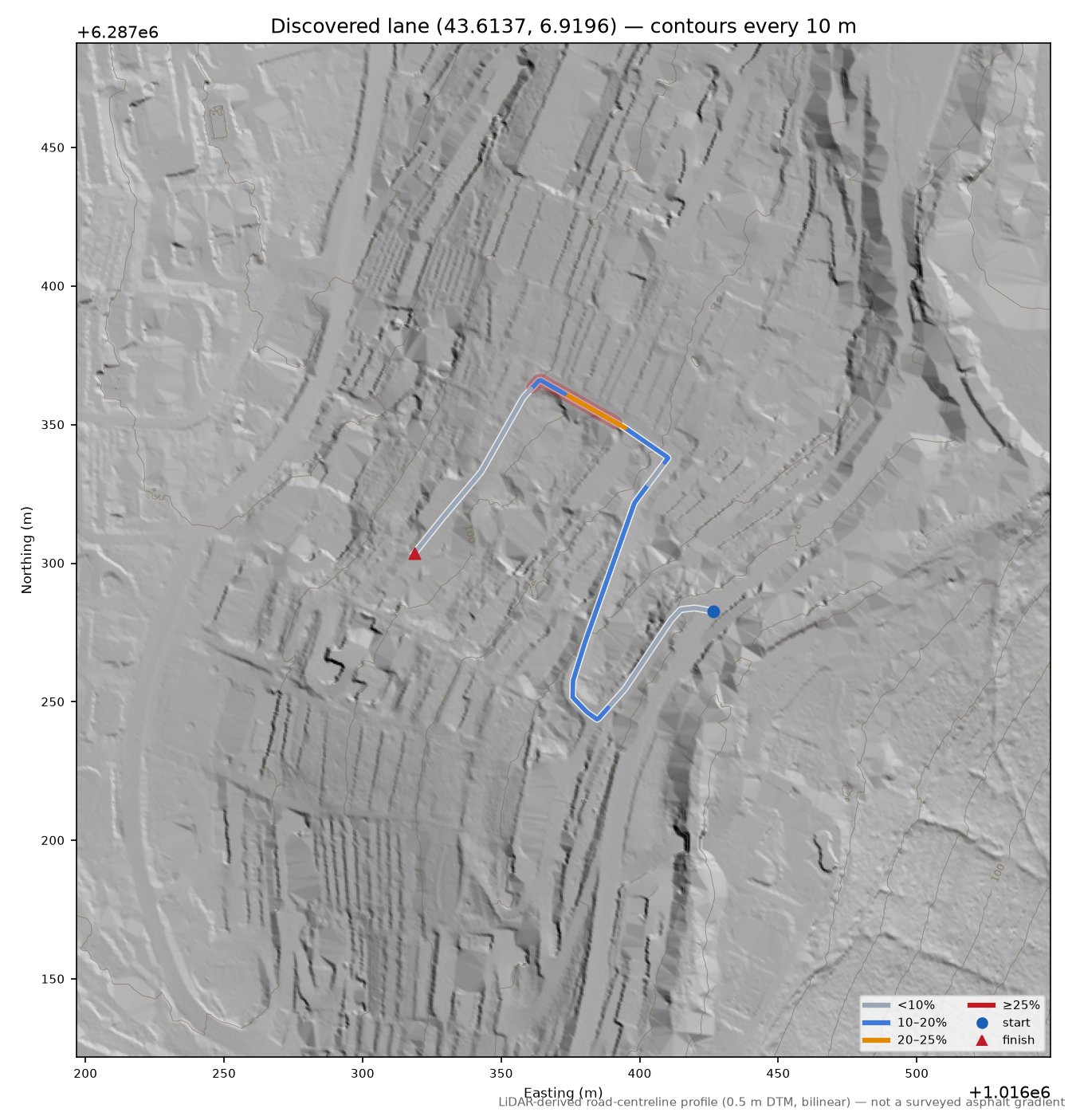 Discovered lane (43.6137, 6.9196) LiDAR hillshade map with contours