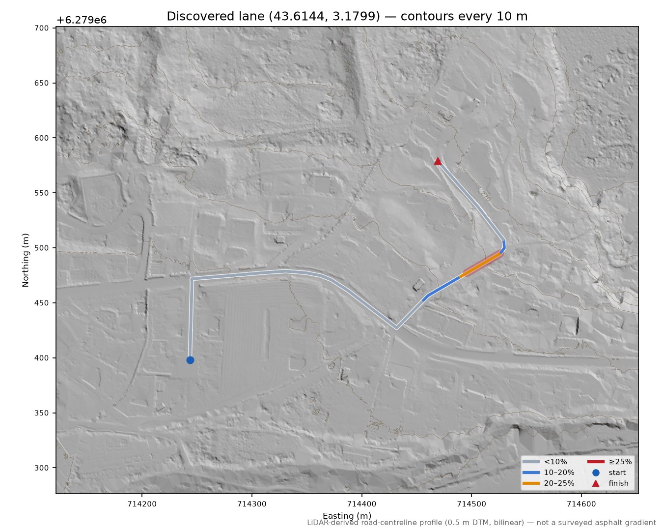 Discovered lane (43.6144, 3.1799) LiDAR hillshade map with contours