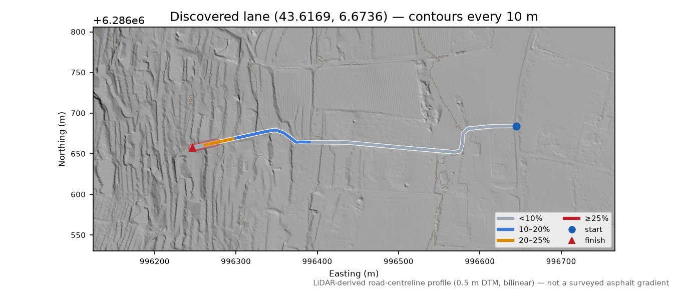 Discovered lane (43.6169, 6.6736) LiDAR hillshade map with contours