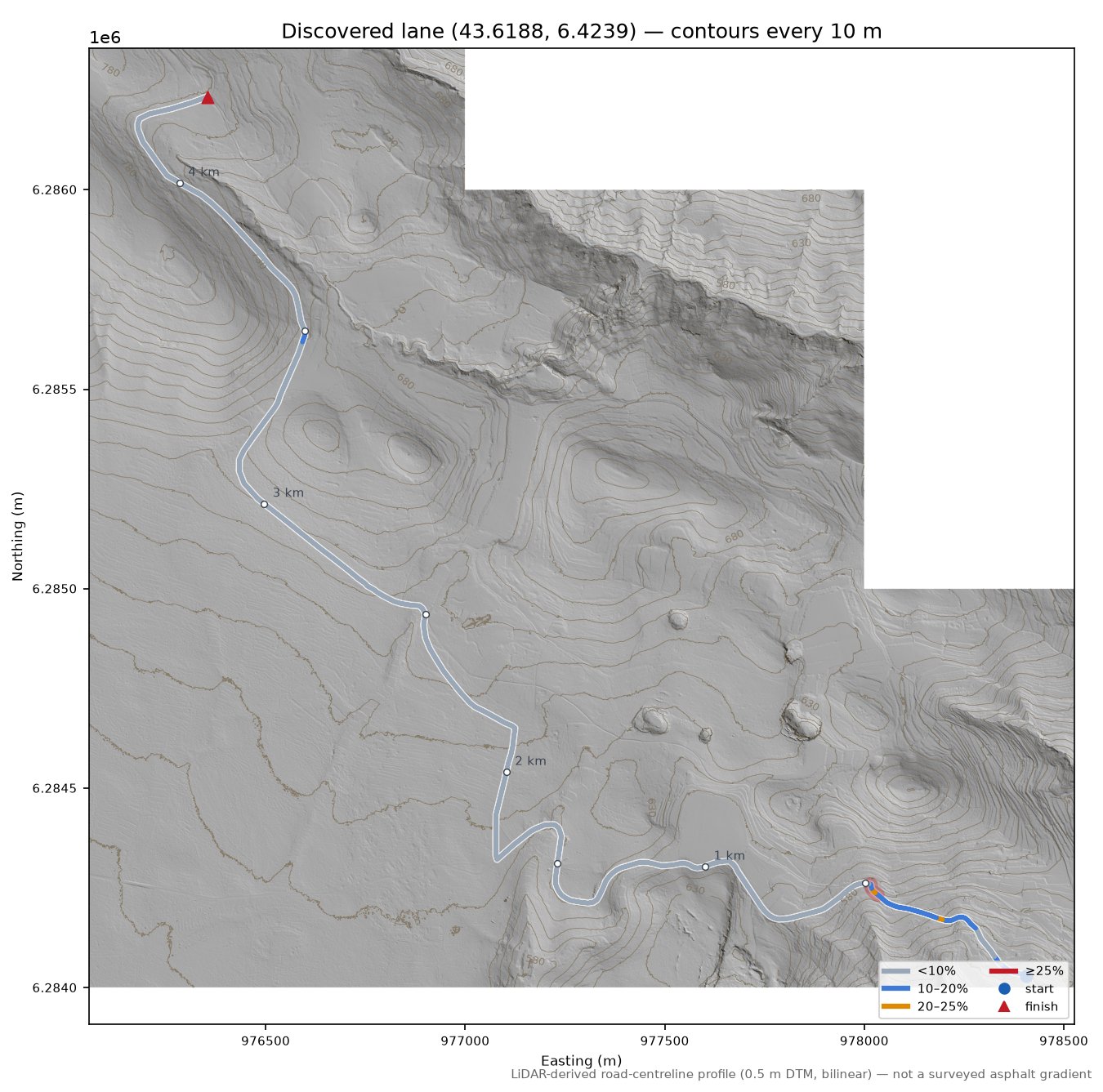 Discovered lane (43.6188, 6.4239) LiDAR hillshade map with contours