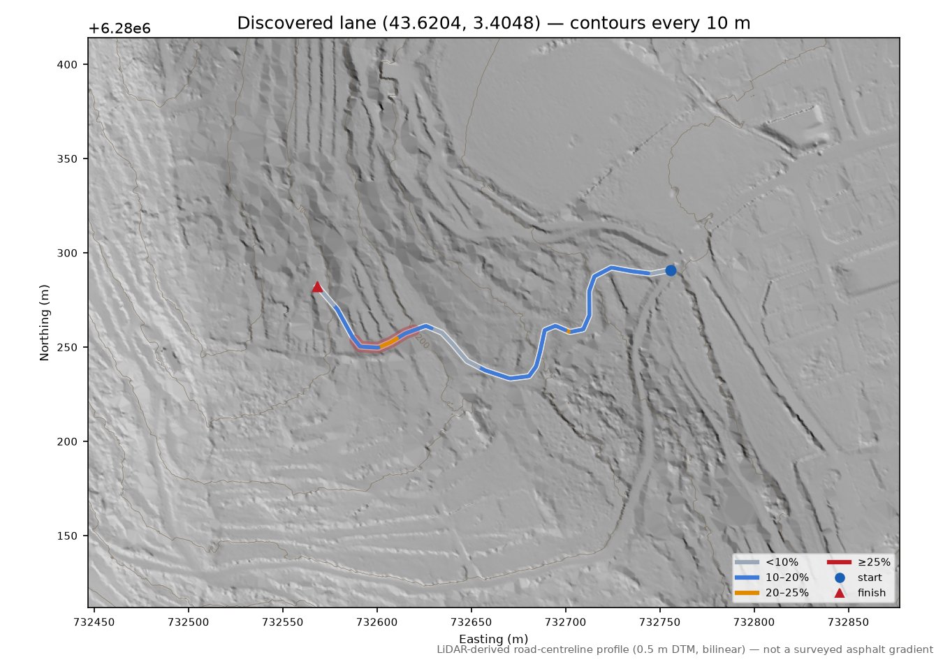 Discovered lane (43.6204, 3.4048) LiDAR hillshade map with contours