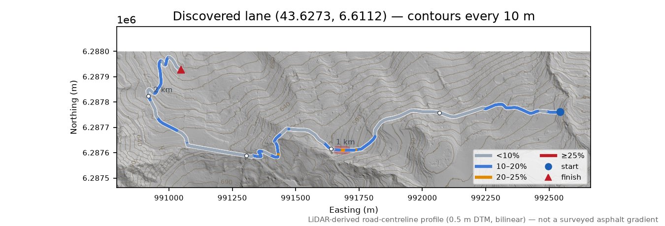 Discovered lane (43.6273, 6.6112) LiDAR hillshade map with contours