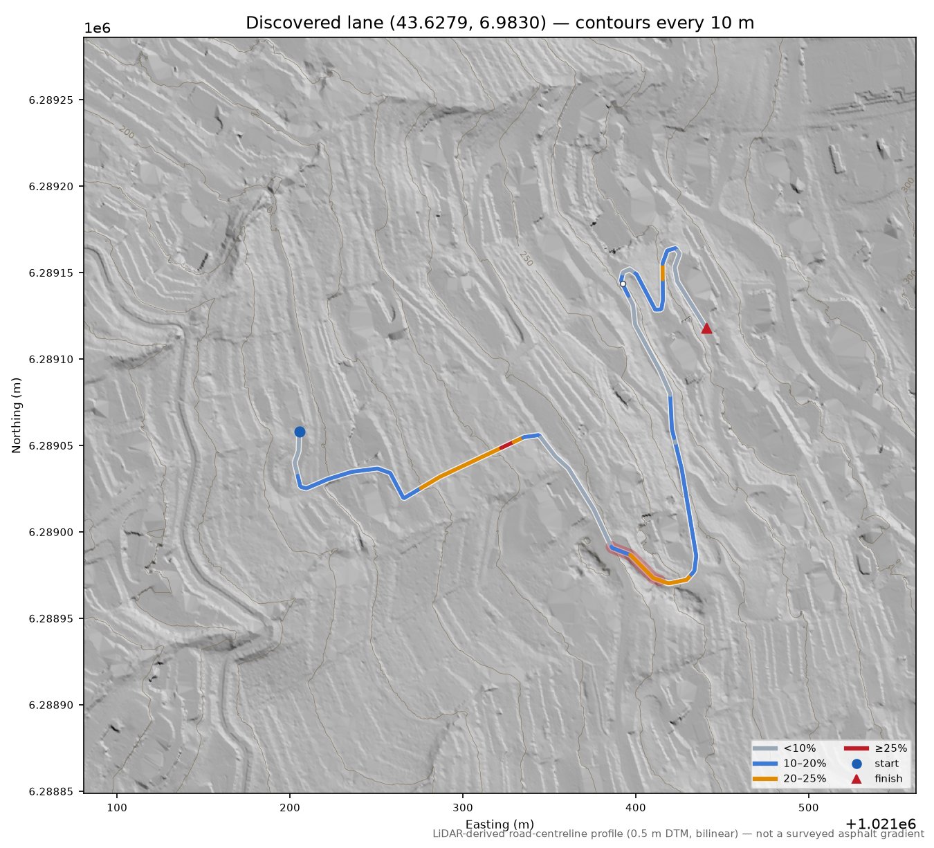 Discovered lane (43.6279, 6.9830) LiDAR hillshade map with contours