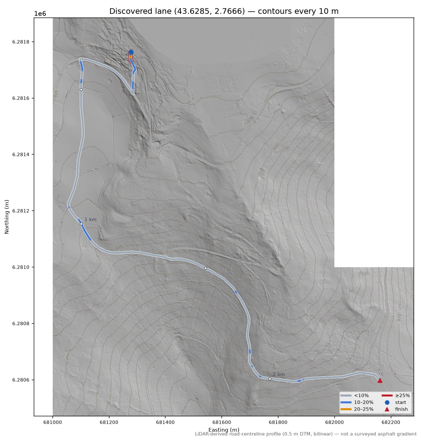 Discovered lane (43.6285, 2.7666) LiDAR hillshade map with contours
