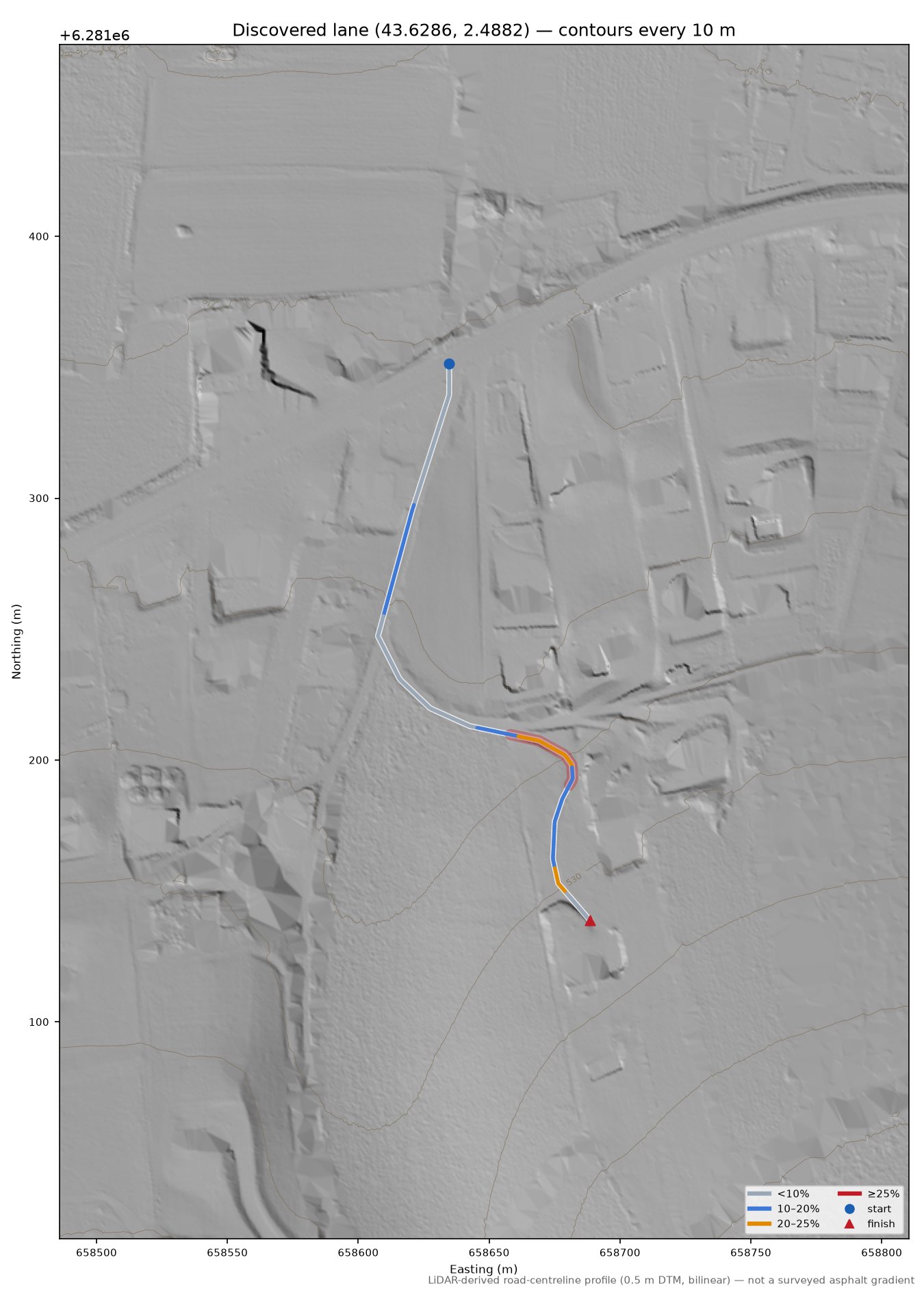Discovered lane (43.6286, 2.4882) LiDAR hillshade map with contours