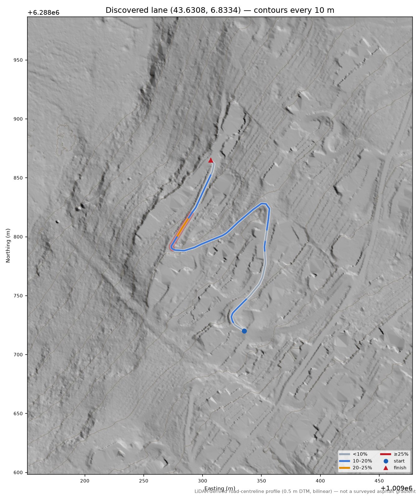 Discovered lane (43.6308, 6.8334) LiDAR hillshade map with contours