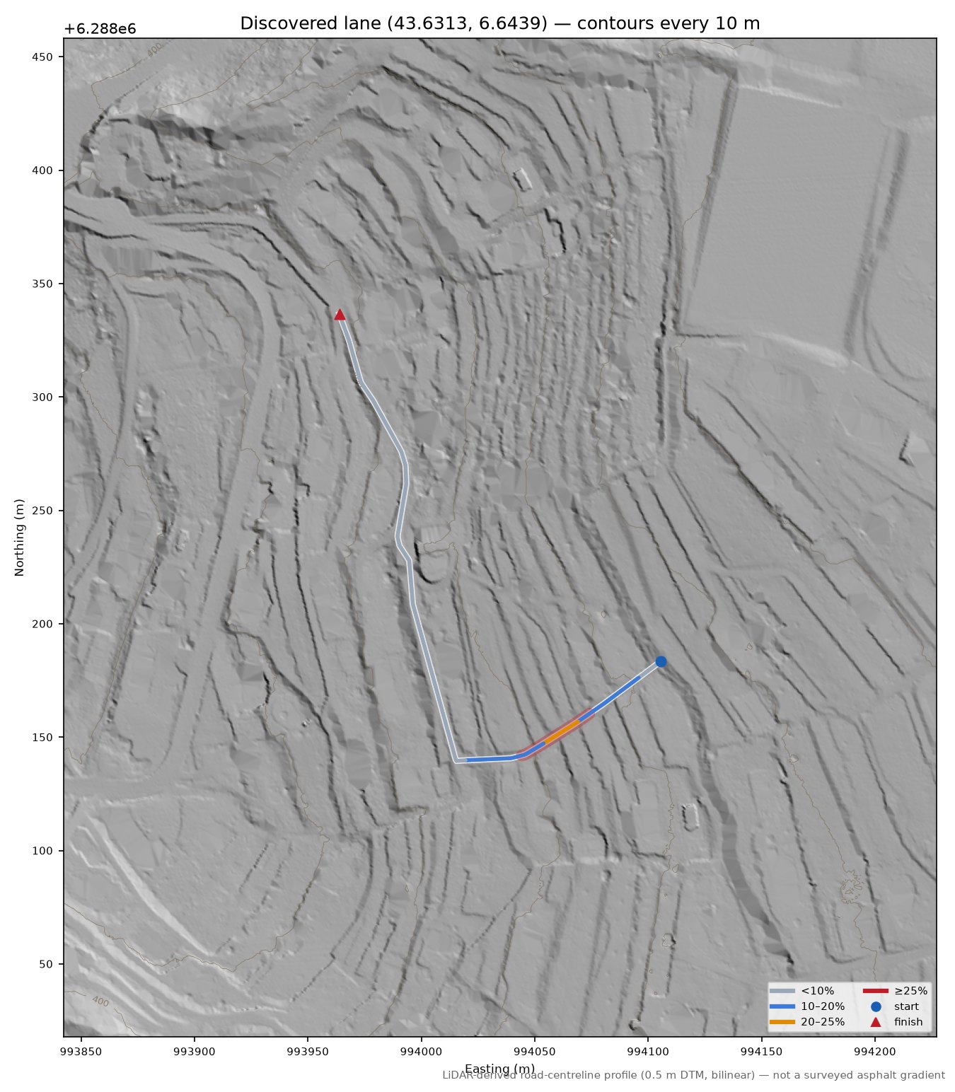 Discovered lane (43.6313, 6.6439) LiDAR hillshade map with contours