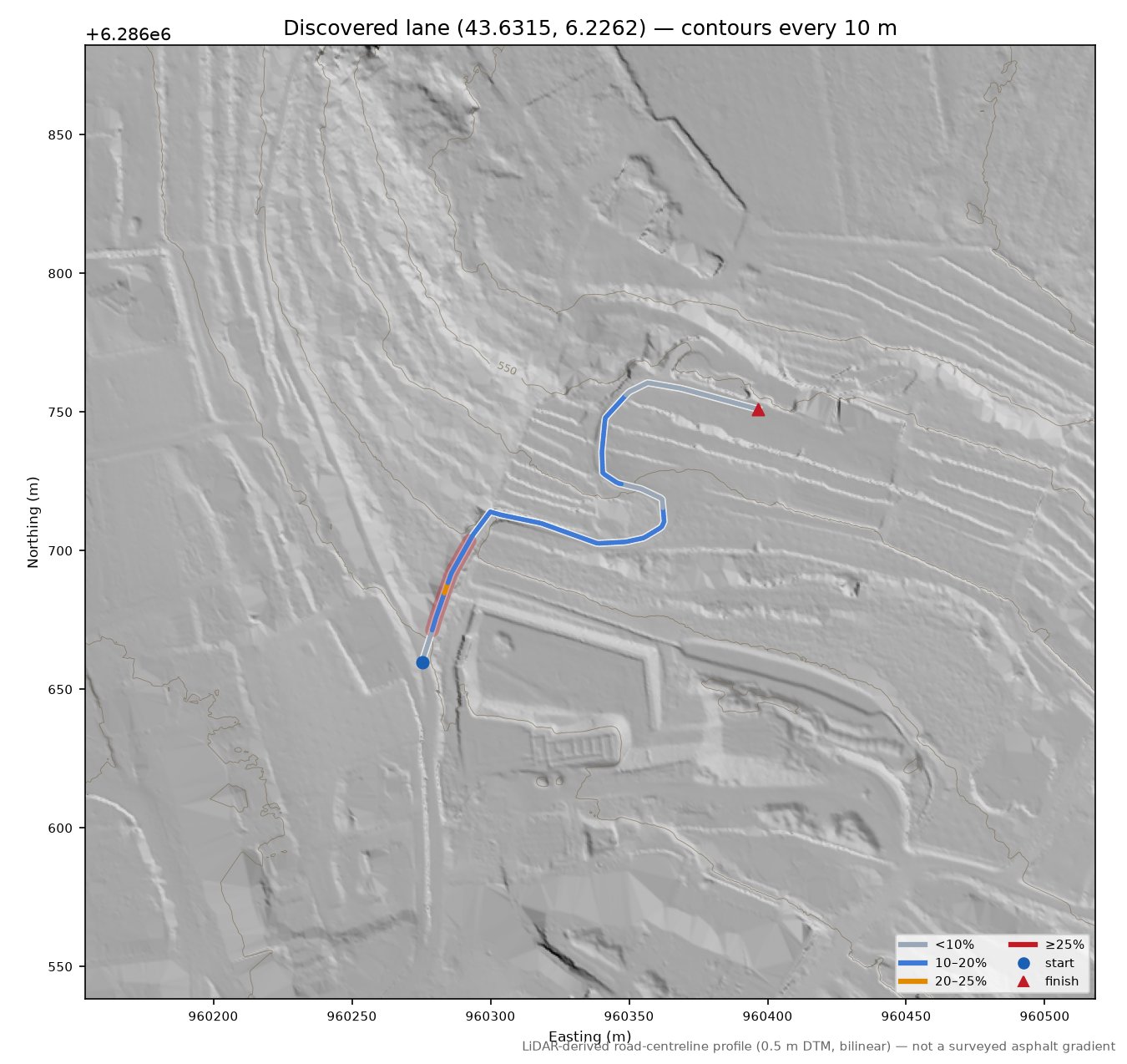 Discovered lane (43.6315, 6.2262) LiDAR hillshade map with contours