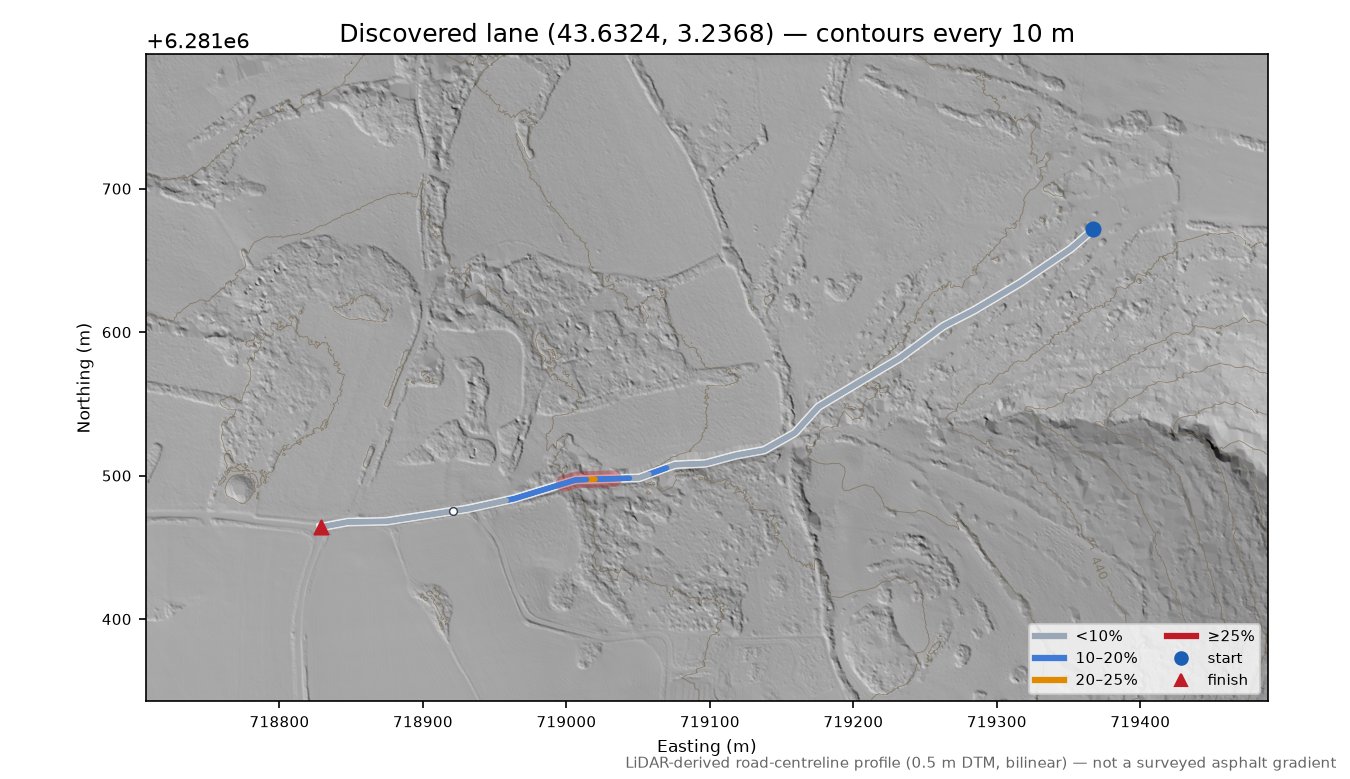Discovered lane (43.6324, 3.2368) LiDAR hillshade map with contours