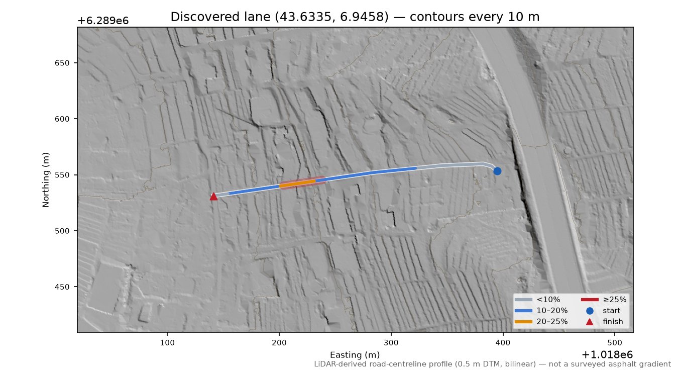 Discovered lane (43.6335, 6.9458) LiDAR hillshade map with contours