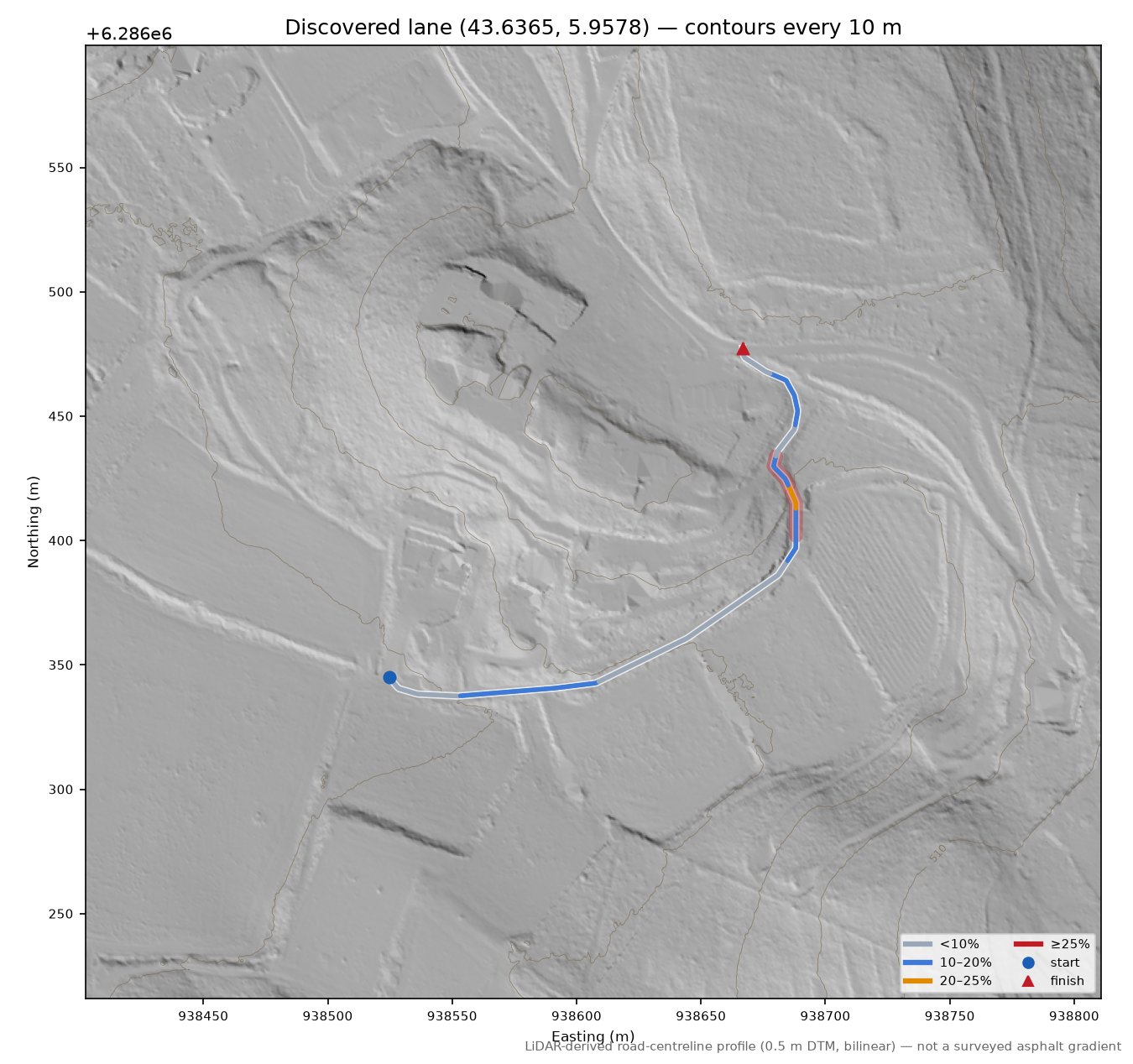 Discovered lane (43.6365, 5.9578) LiDAR hillshade map with contours