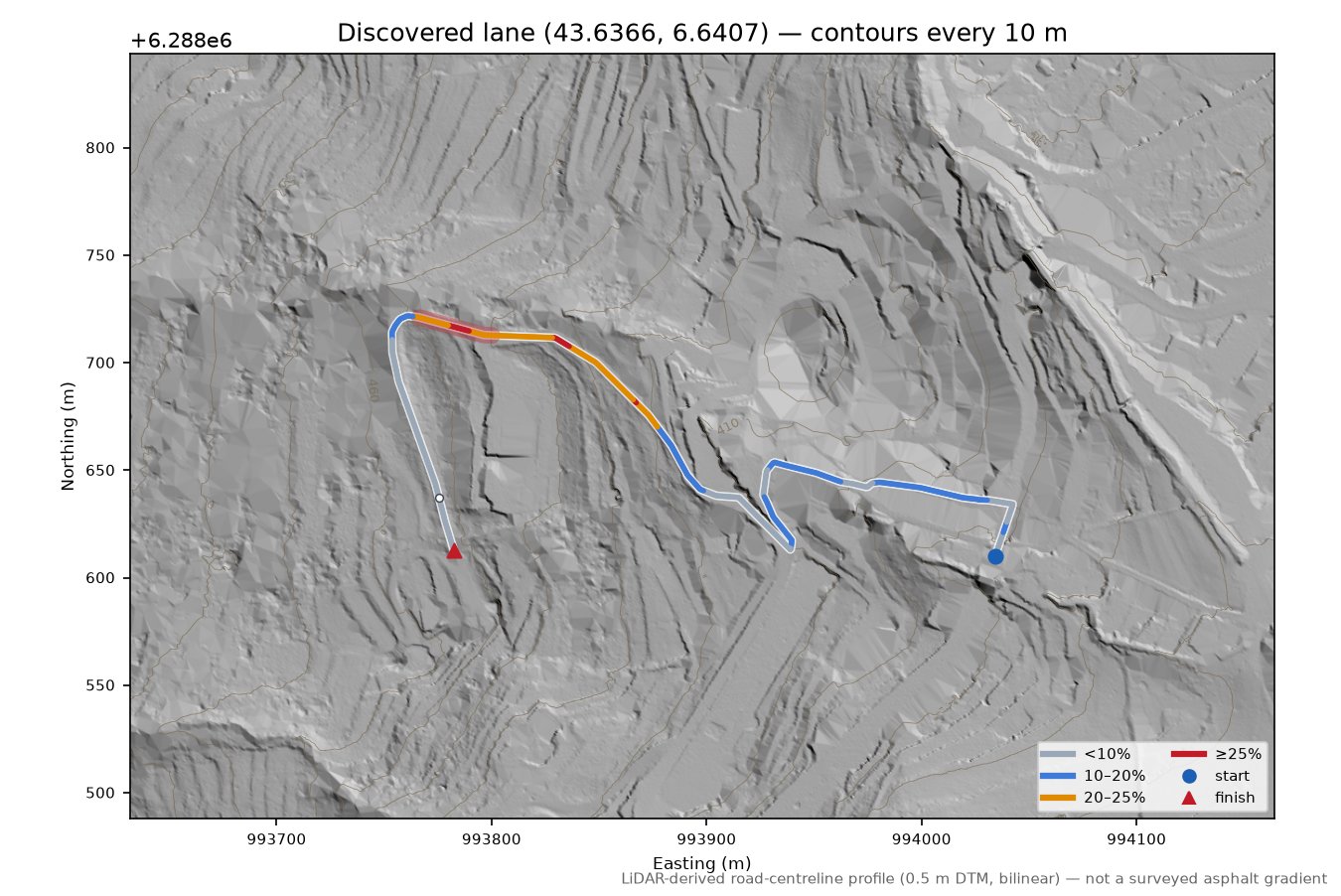 Discovered lane (43.6366, 6.6407) LiDAR hillshade map with contours