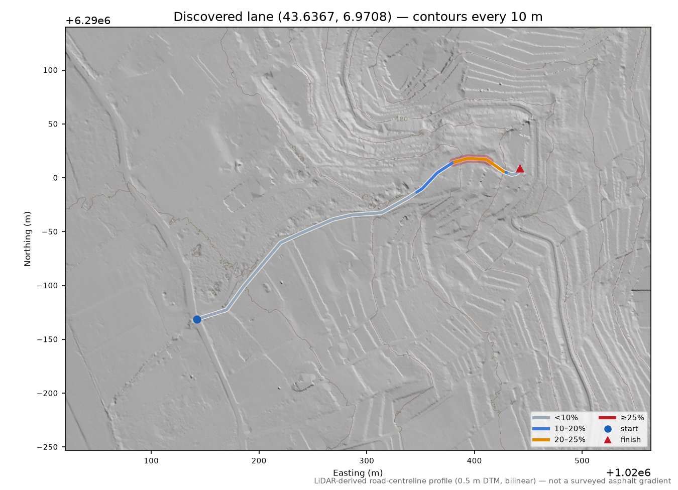 Discovered lane (43.6367, 6.9708) LiDAR hillshade map with contours