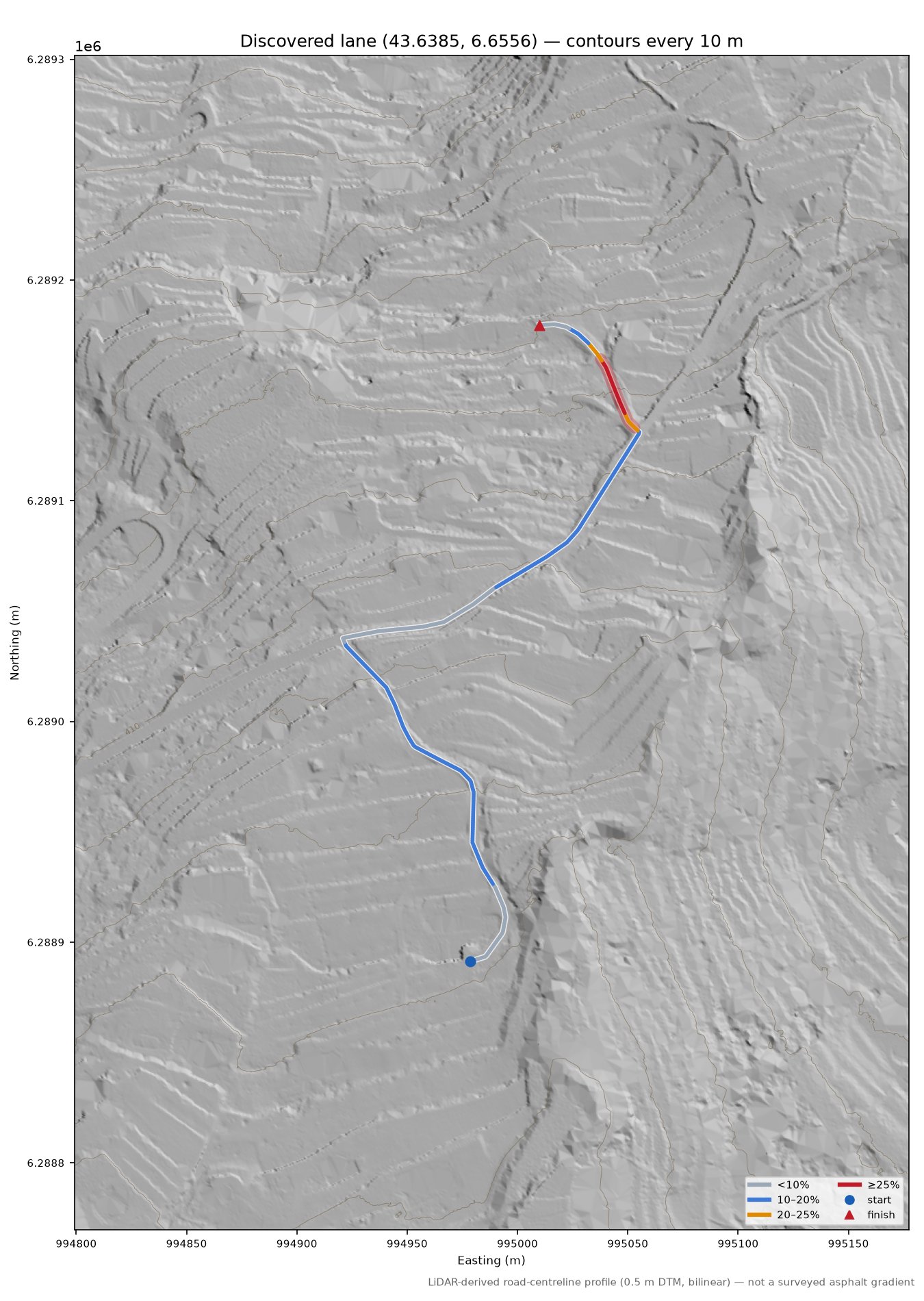 Discovered lane (43.6385, 6.6556) LiDAR hillshade map with contours
