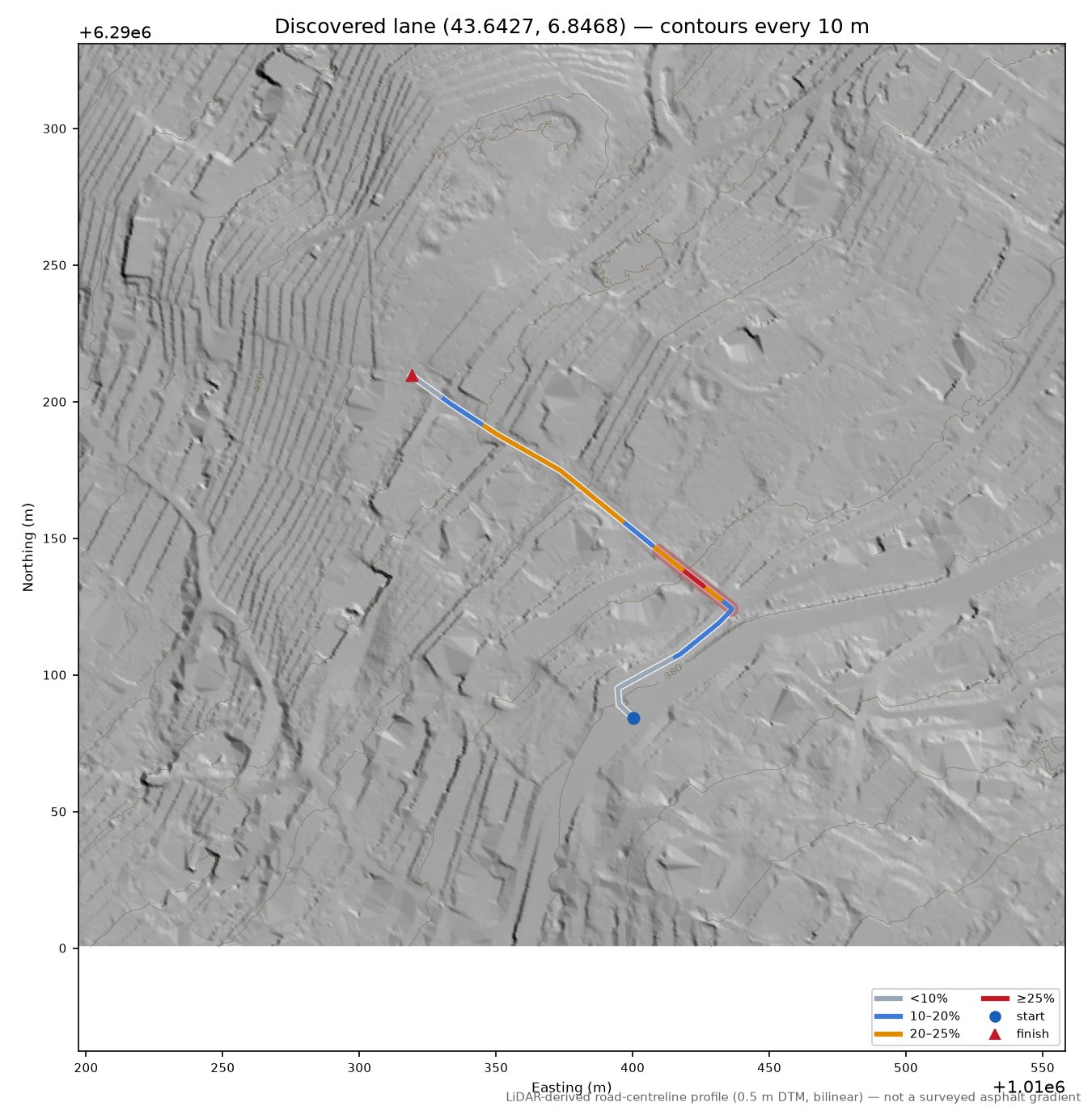 Discovered lane (43.6427, 6.8468) LiDAR hillshade map with contours