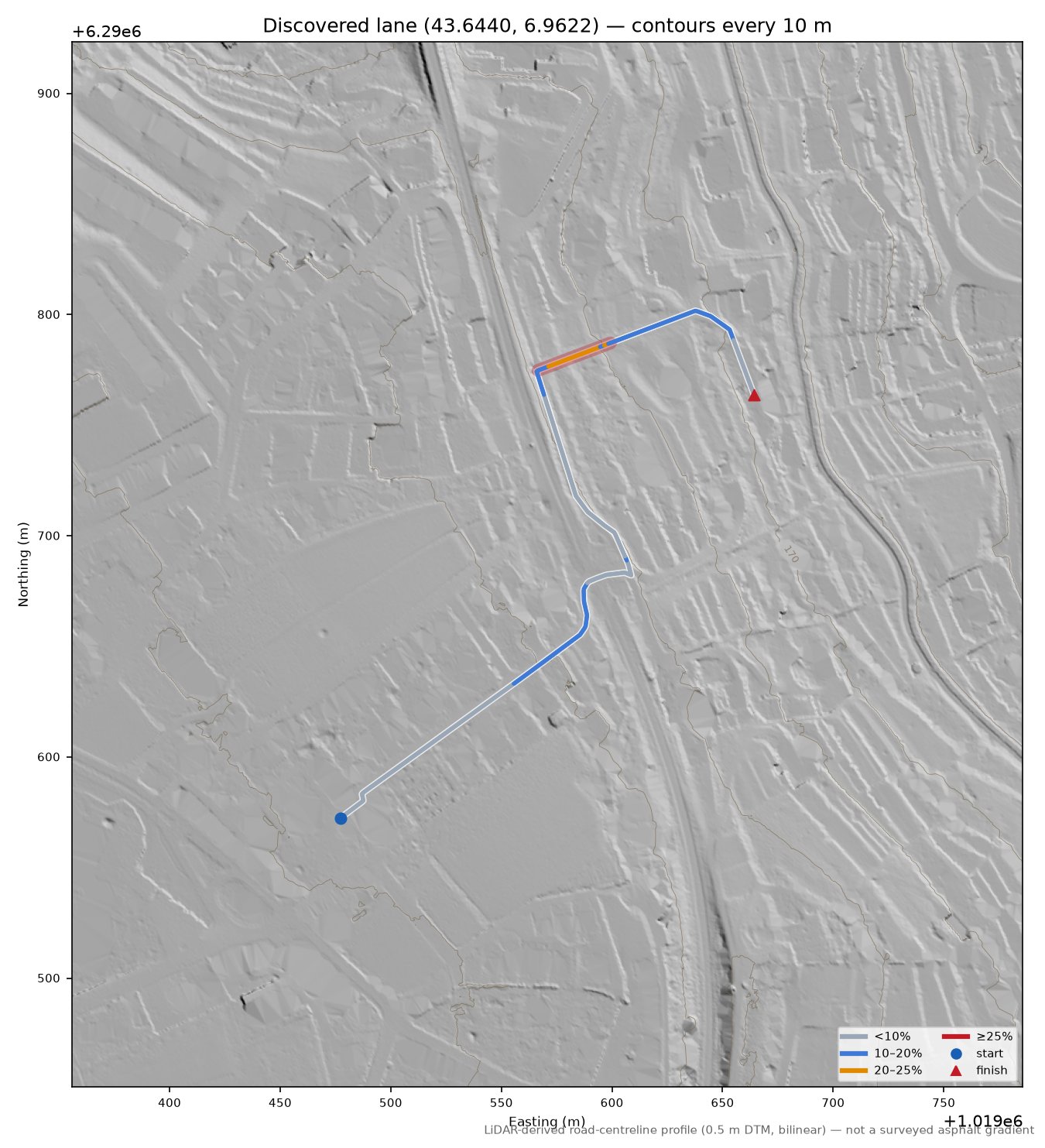 Discovered lane (43.6440, 6.9622) LiDAR hillshade map with contours