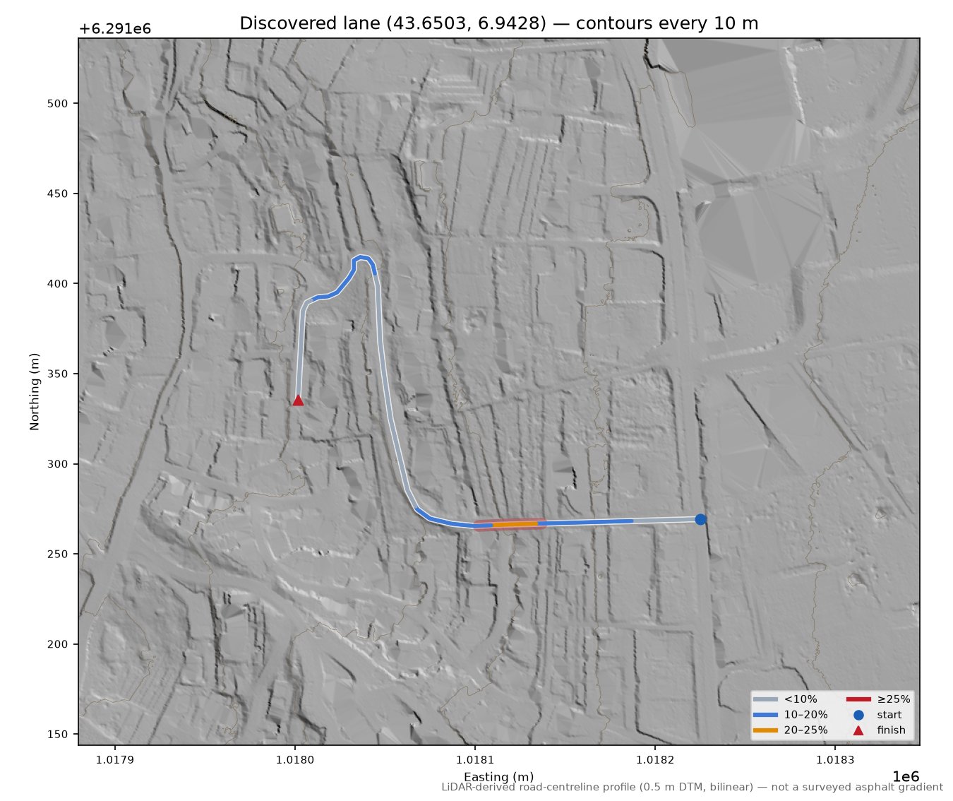 Discovered lane (43.6503, 6.9428) LiDAR hillshade map with contours