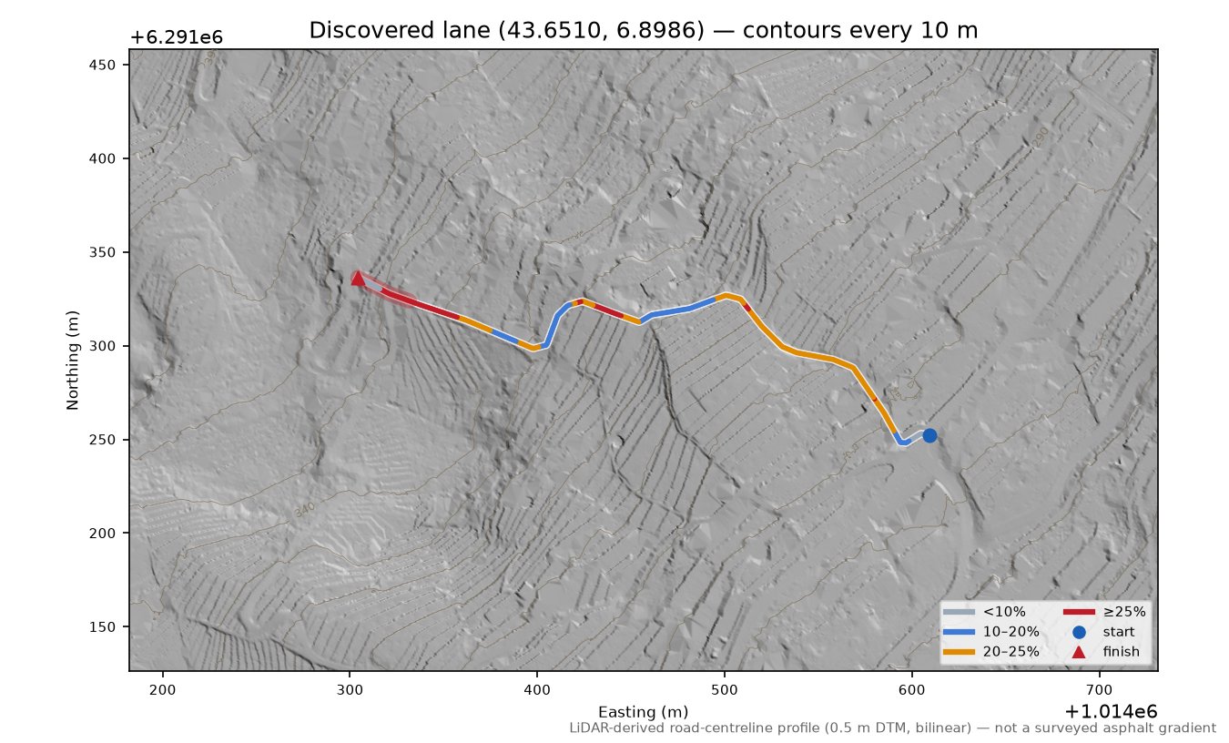 Discovered lane (43.6510, 6.8986) LiDAR hillshade map with contours