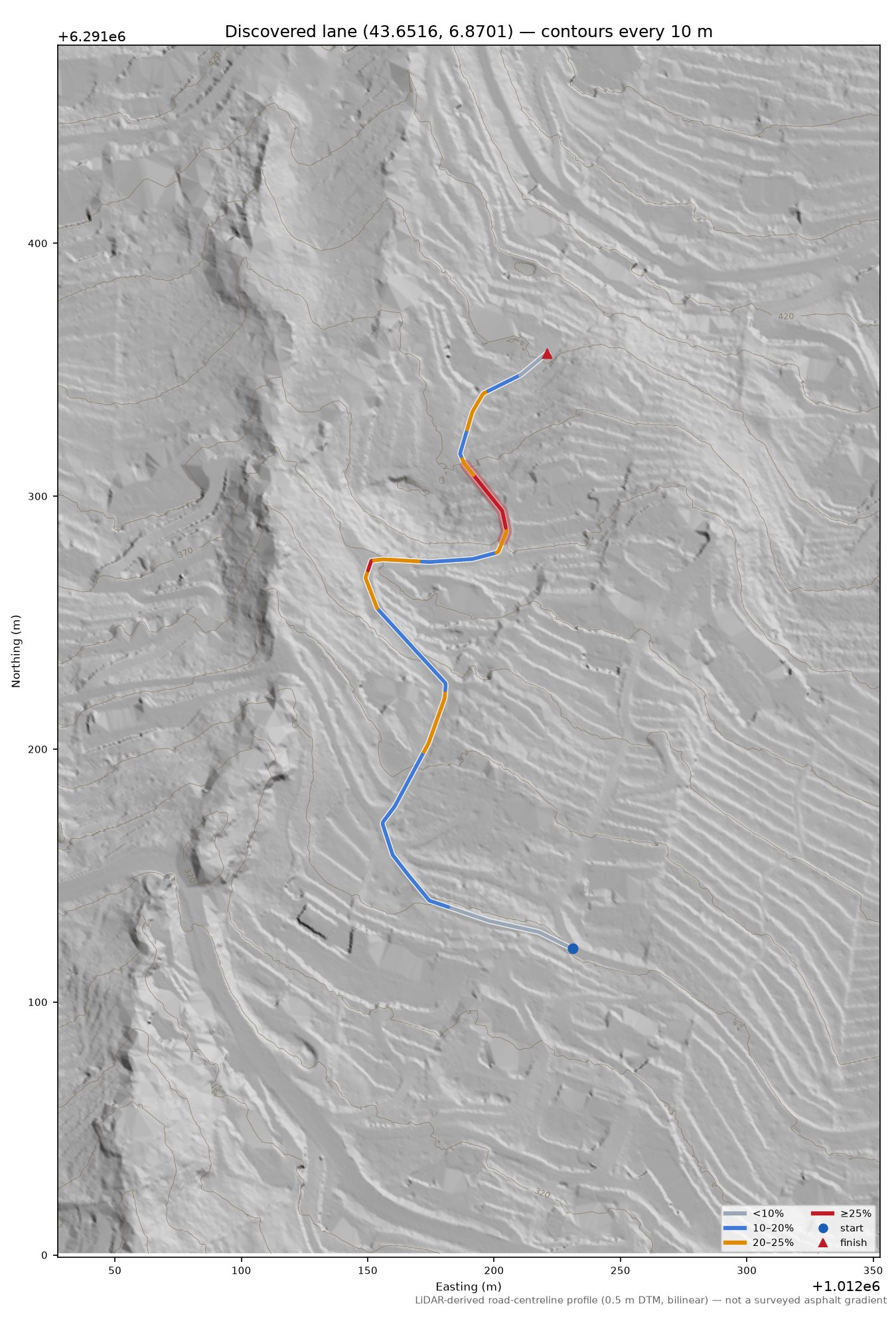 Discovered lane (43.6516, 6.8701) LiDAR hillshade map with contours