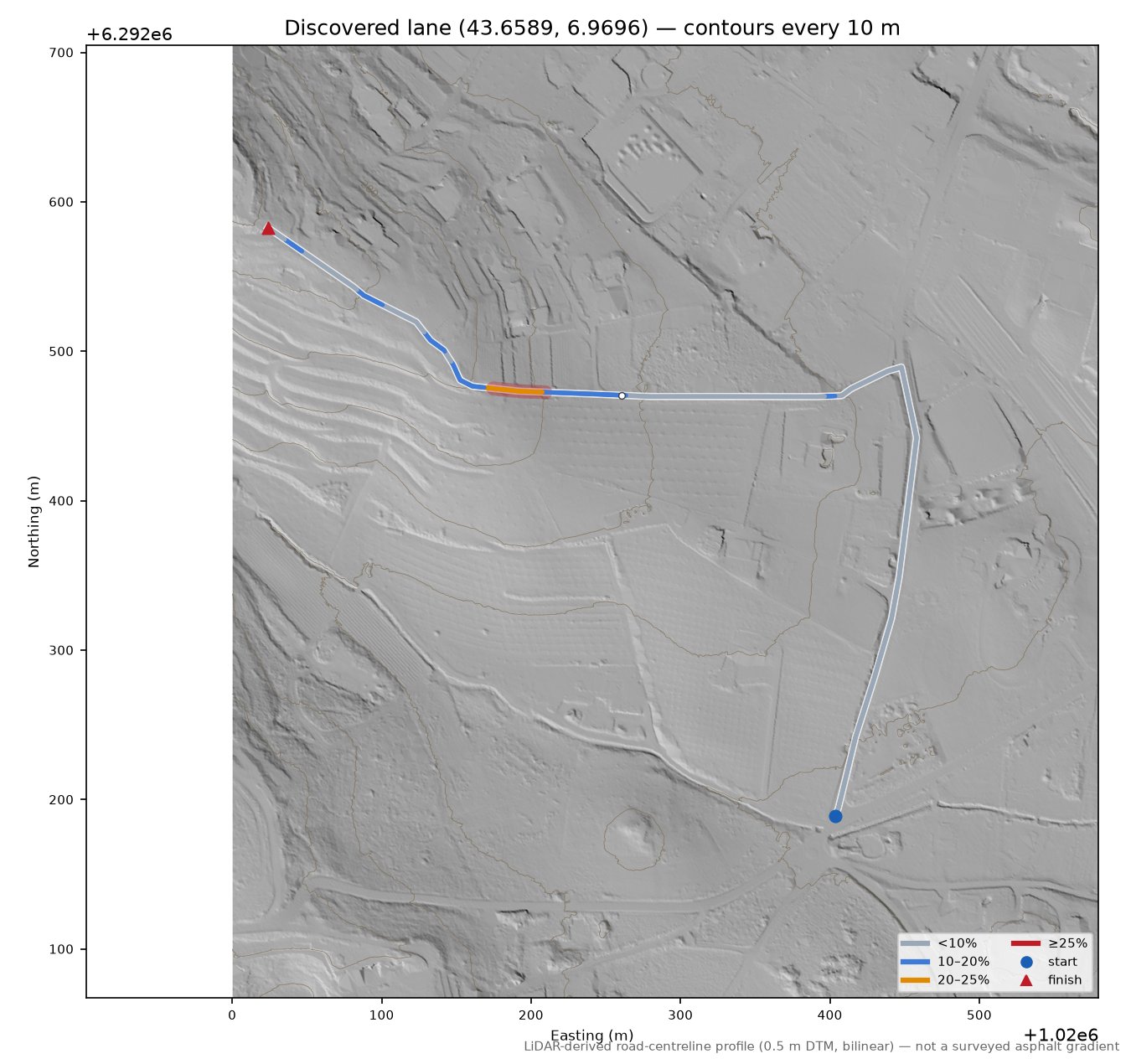 Discovered lane (43.6589, 6.9696) LiDAR hillshade map with contours