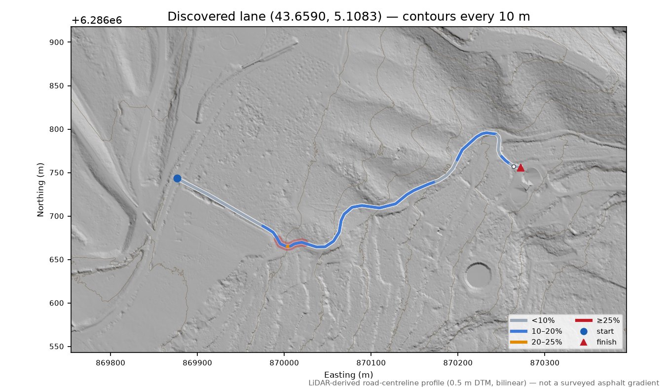 Discovered lane (43.6590, 5.1083) LiDAR hillshade map with contours