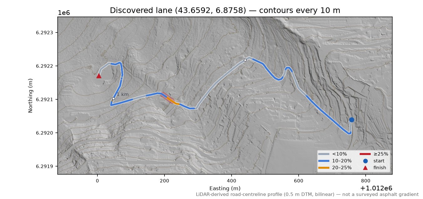 Discovered lane (43.6592, 6.8758) LiDAR hillshade map with contours