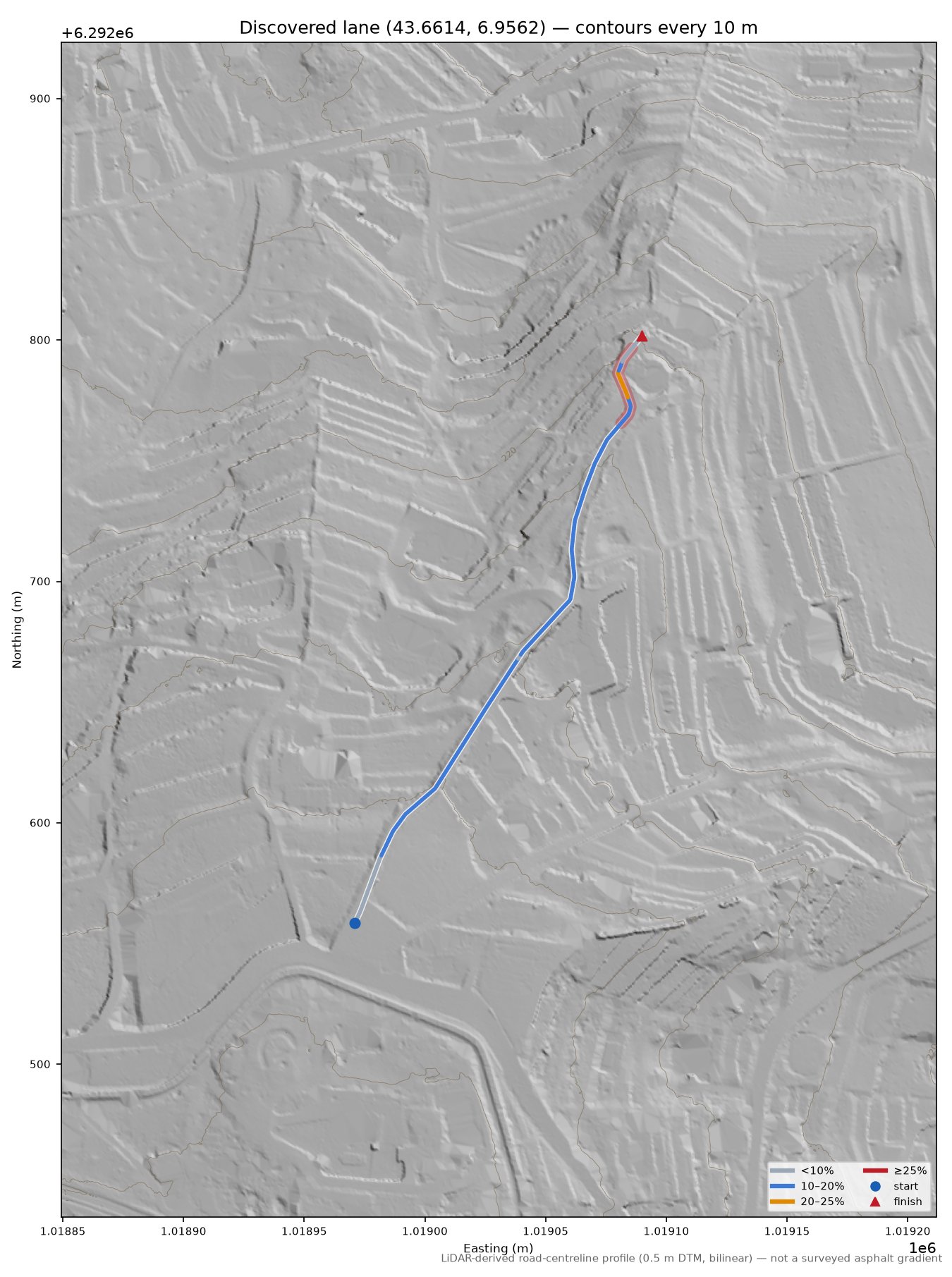 Discovered lane (43.6614, 6.9562) LiDAR hillshade map with contours