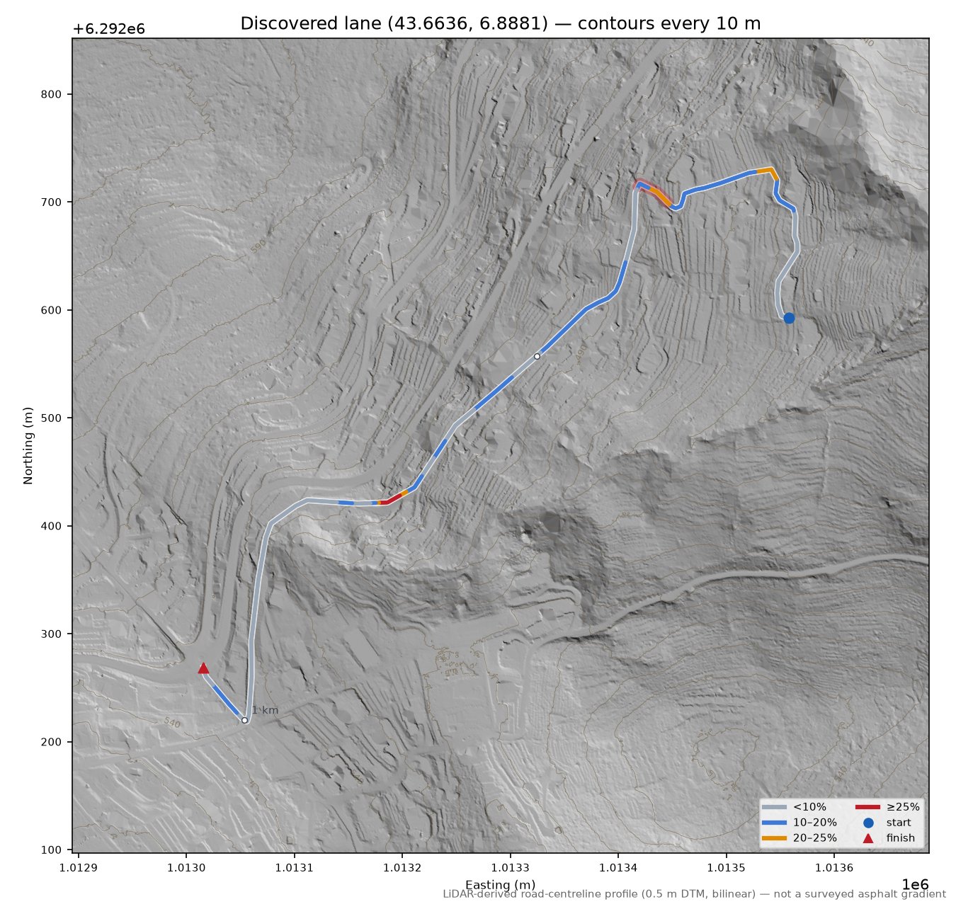 Discovered lane (43.6636, 6.8881) LiDAR hillshade map with contours