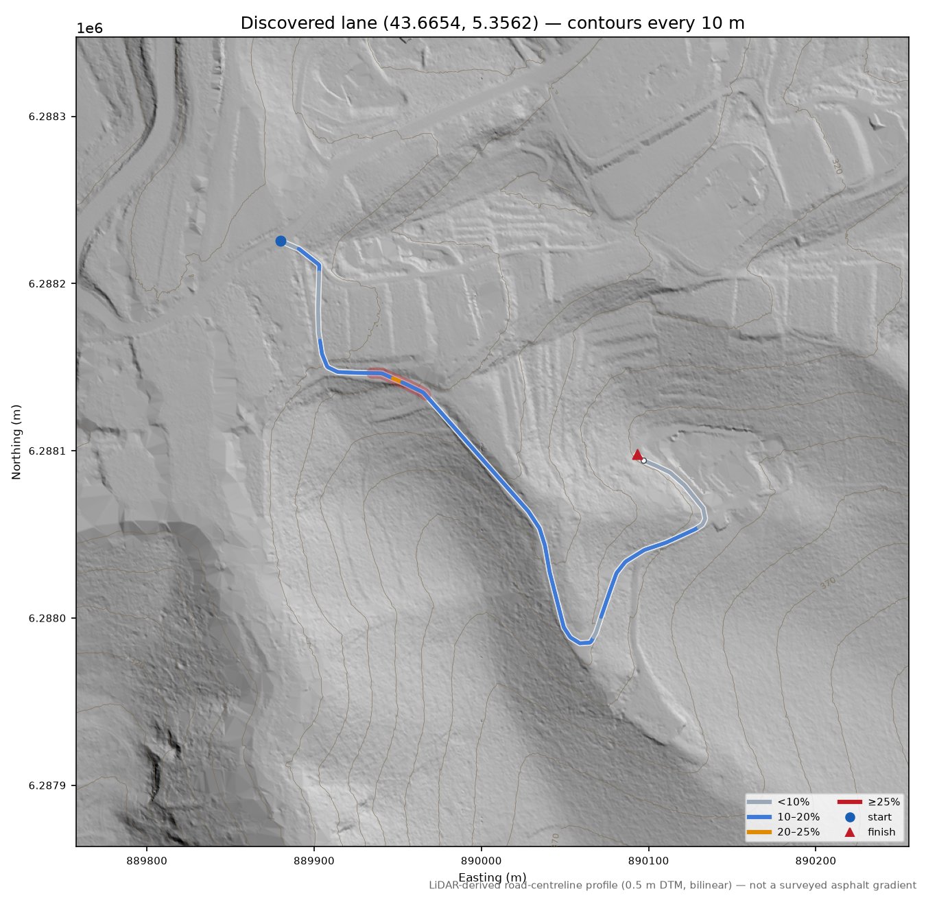 Discovered lane (43.6654, 5.3562) LiDAR hillshade map with contours