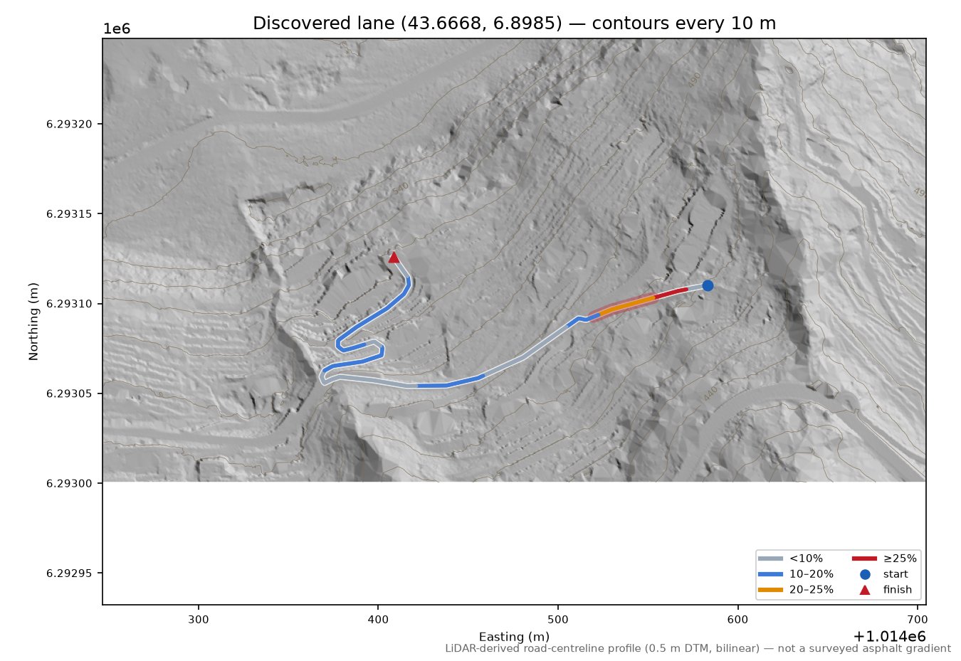 Discovered lane (43.6668, 6.8985) LiDAR hillshade map with contours