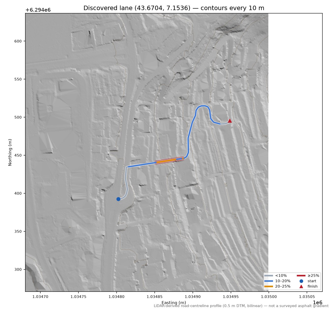 Discovered lane (43.6704, 7.1536) LiDAR hillshade map with contours