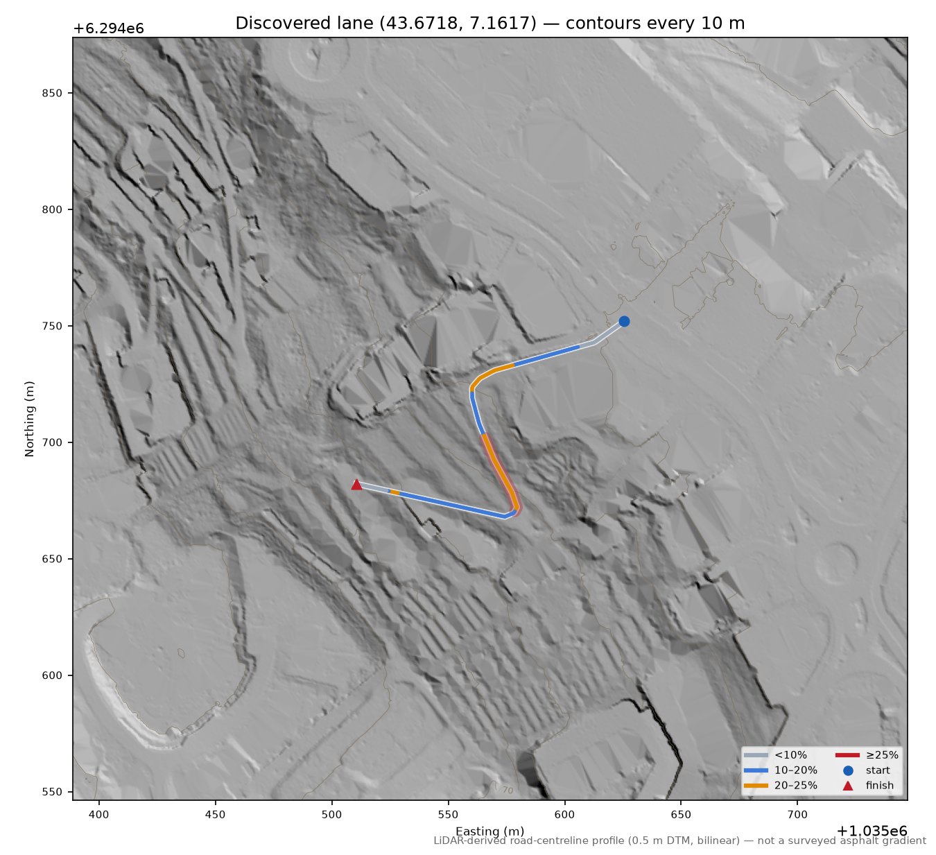 Discovered lane (43.6718, 7.1617) LiDAR hillshade map with contours
