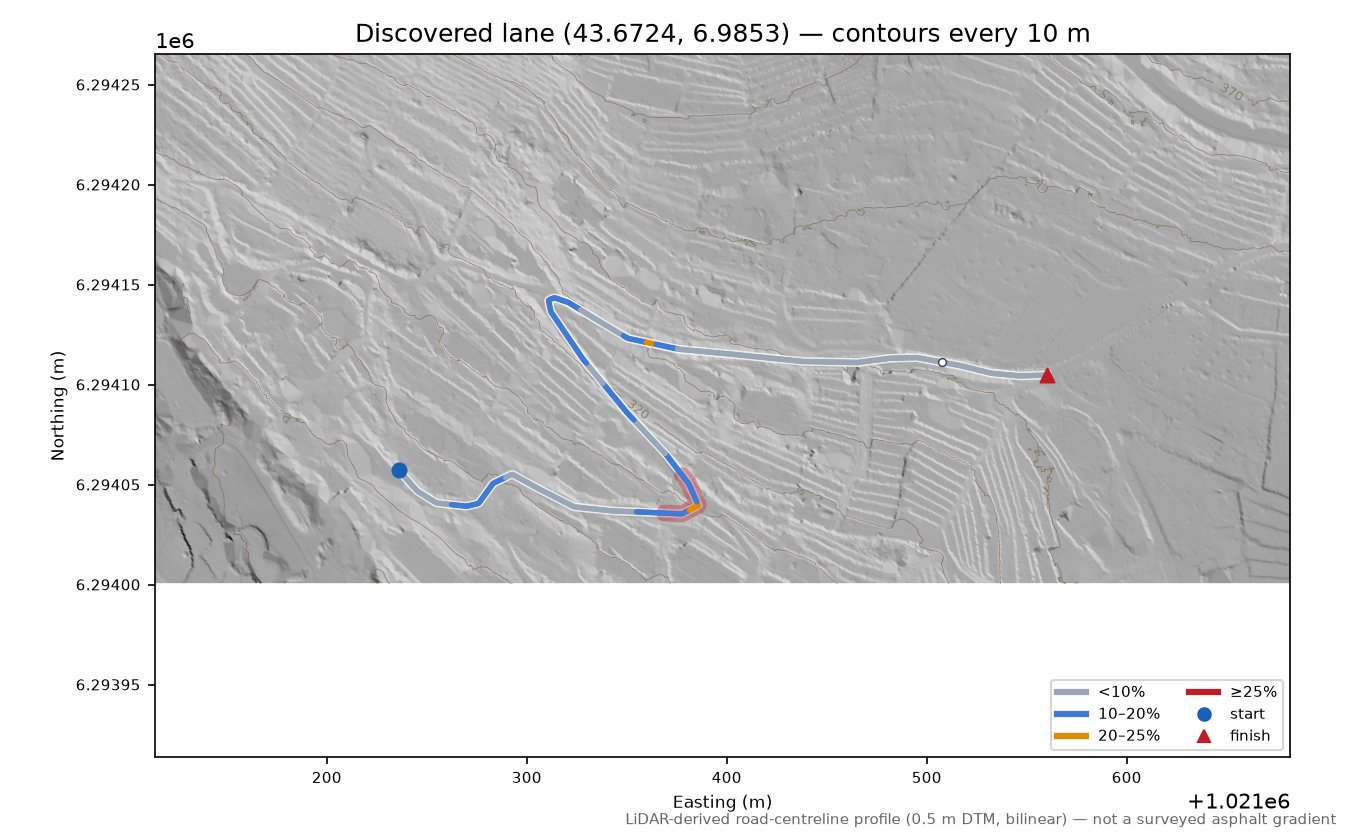 Discovered lane (43.6724, 6.9853) LiDAR hillshade map with contours