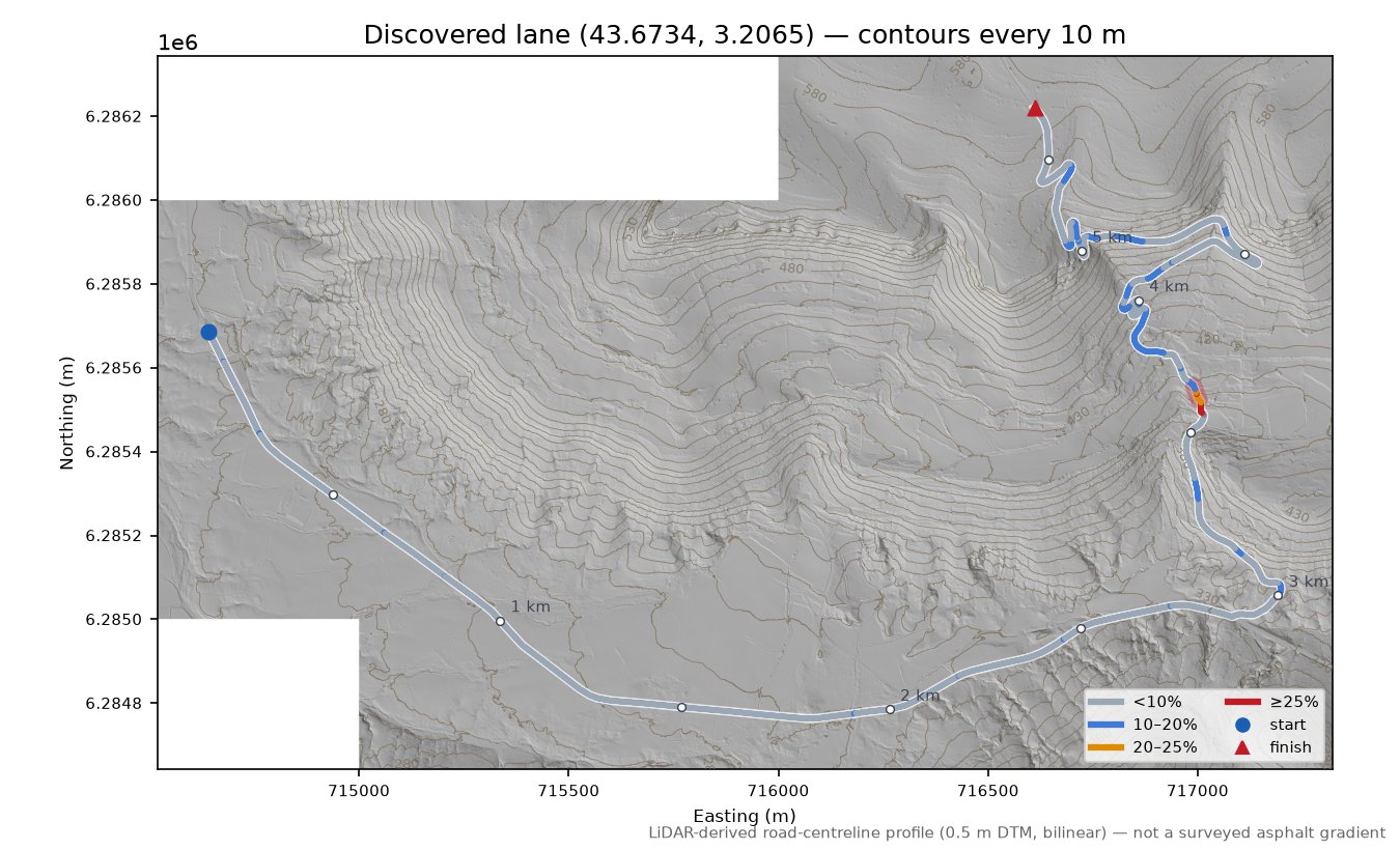 Discovered lane (43.6734, 3.2065) LiDAR hillshade map with contours