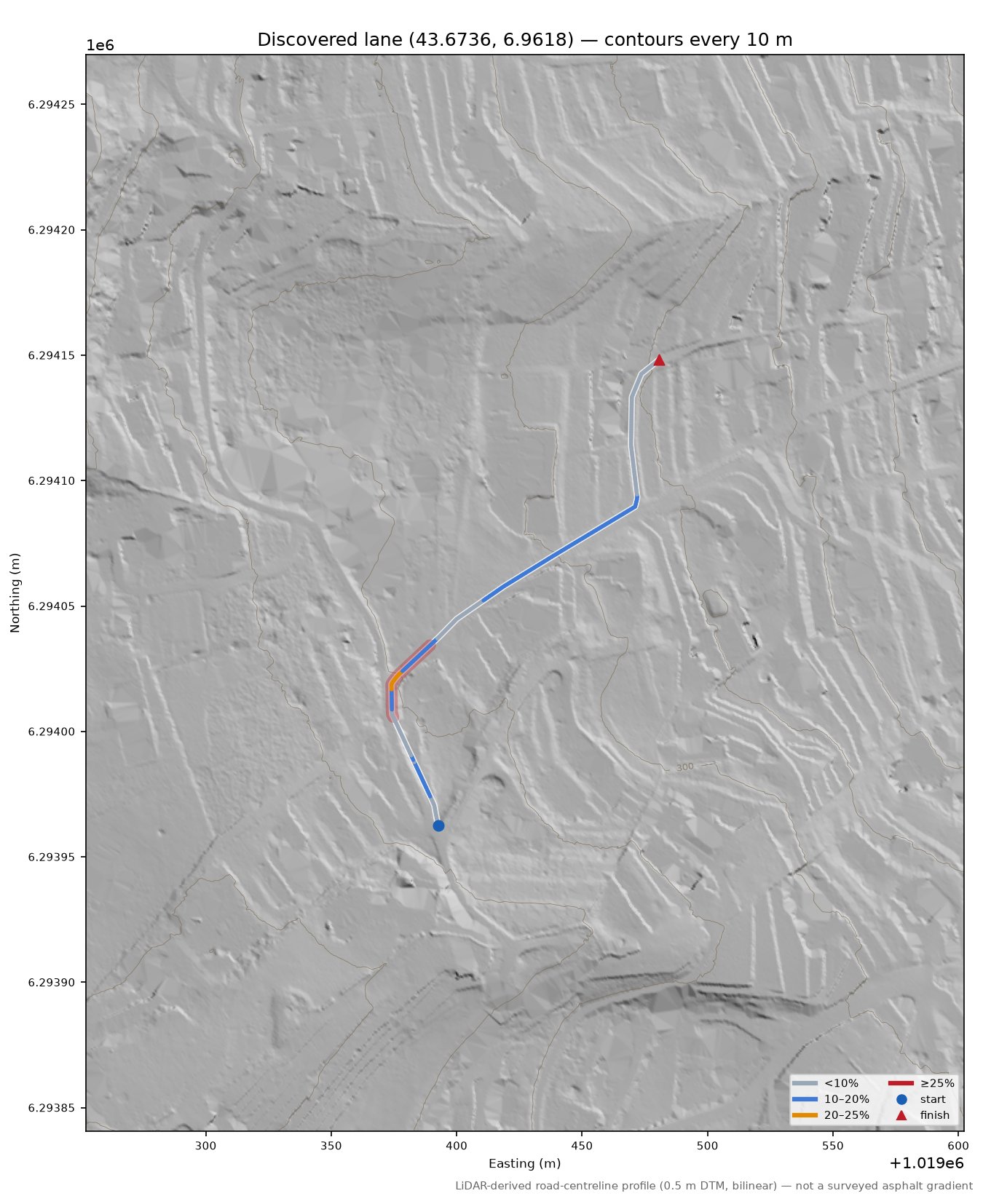 Discovered lane (43.6736, 6.9618) LiDAR hillshade map with contours