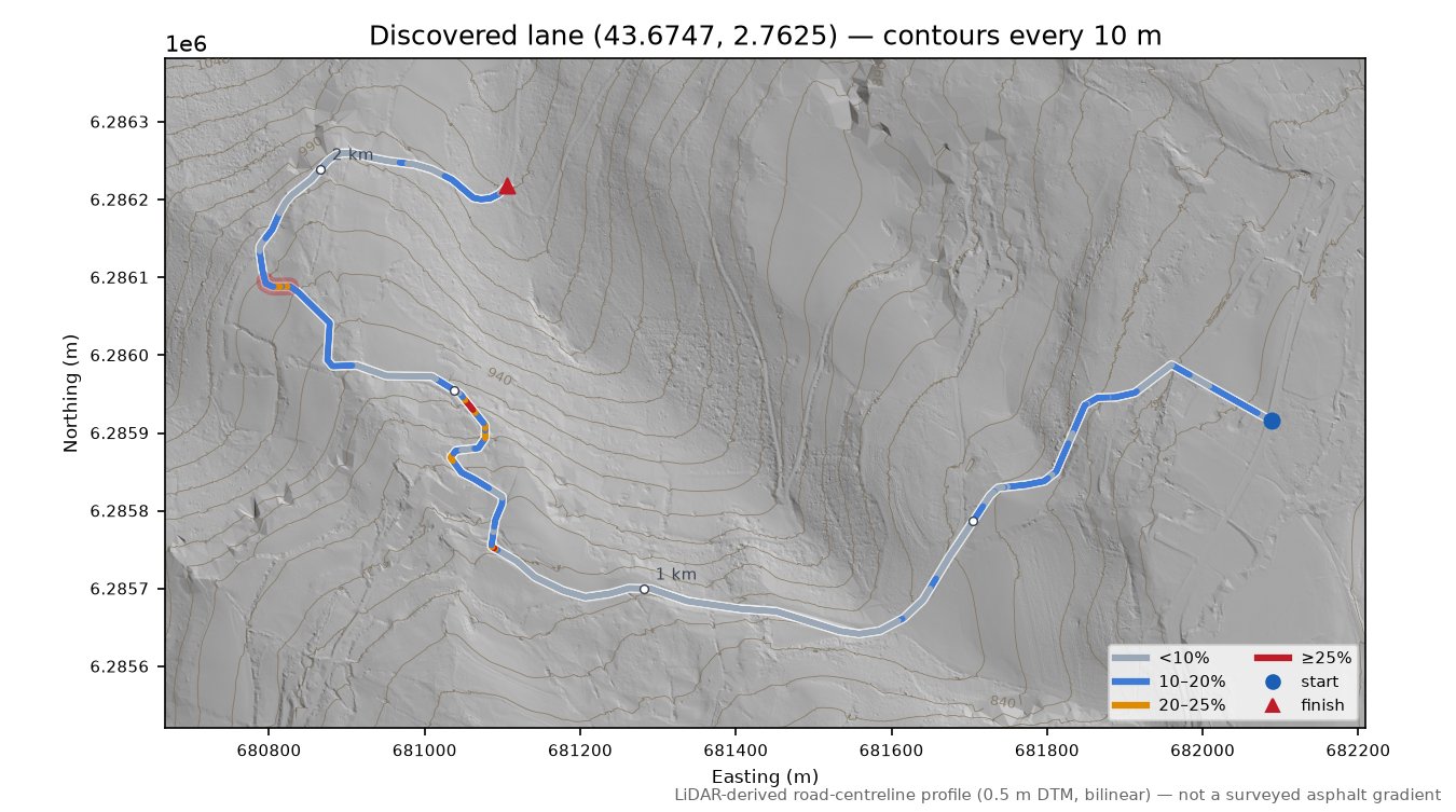 Discovered lane (43.6747, 2.7625) LiDAR hillshade map with contours