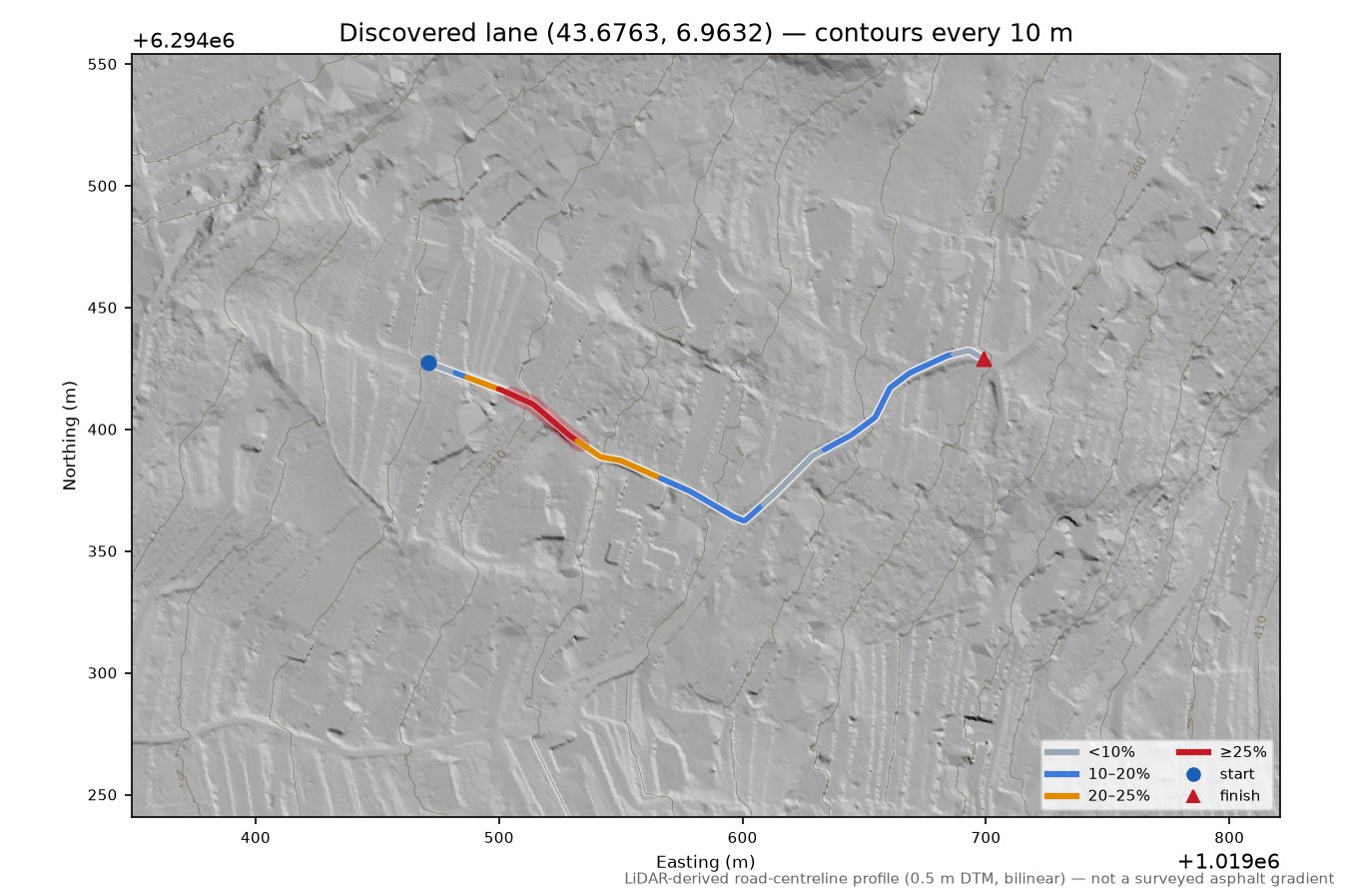 Discovered lane (43.6763, 6.9632) LiDAR hillshade map with contours