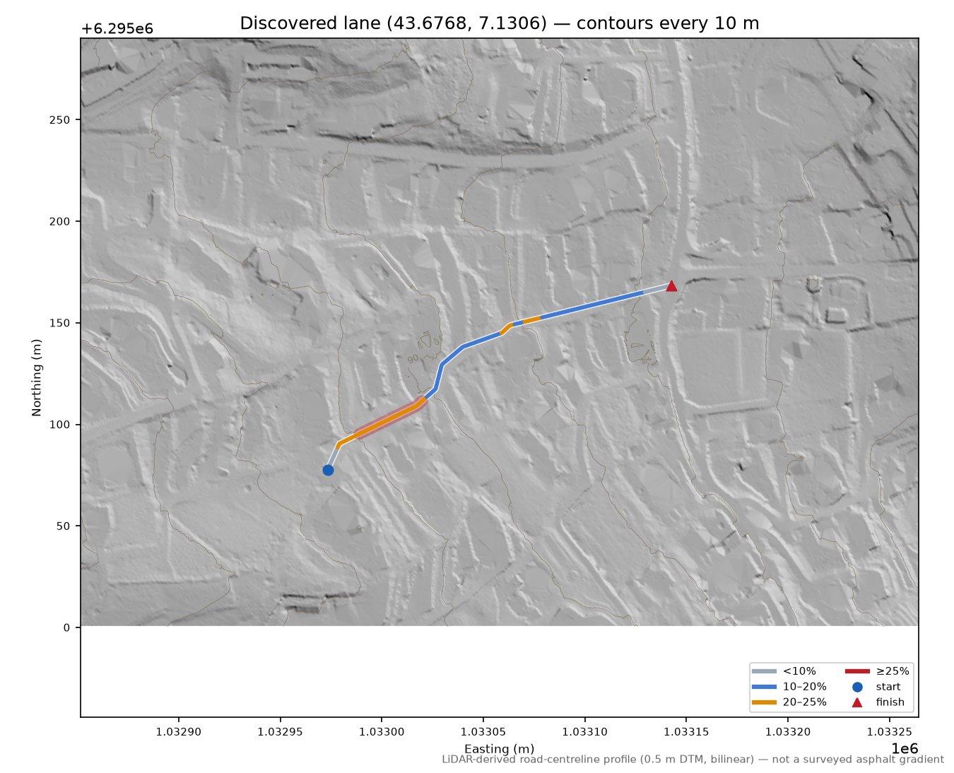 Discovered lane (43.6768, 7.1306) LiDAR hillshade map with contours