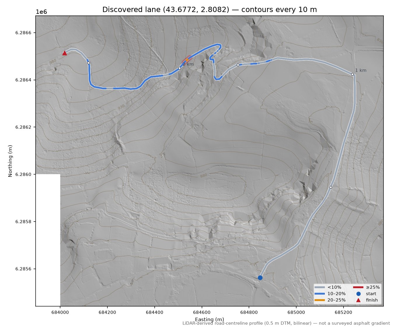 Discovered lane (43.6772, 2.8082) LiDAR hillshade map with contours