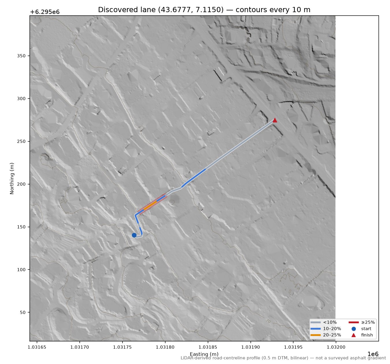 Discovered lane (43.6777, 7.1150) LiDAR hillshade map with contours