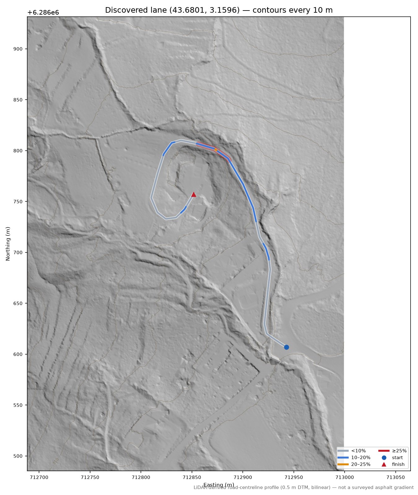 Discovered lane (43.6801, 3.1596) LiDAR hillshade map with contours