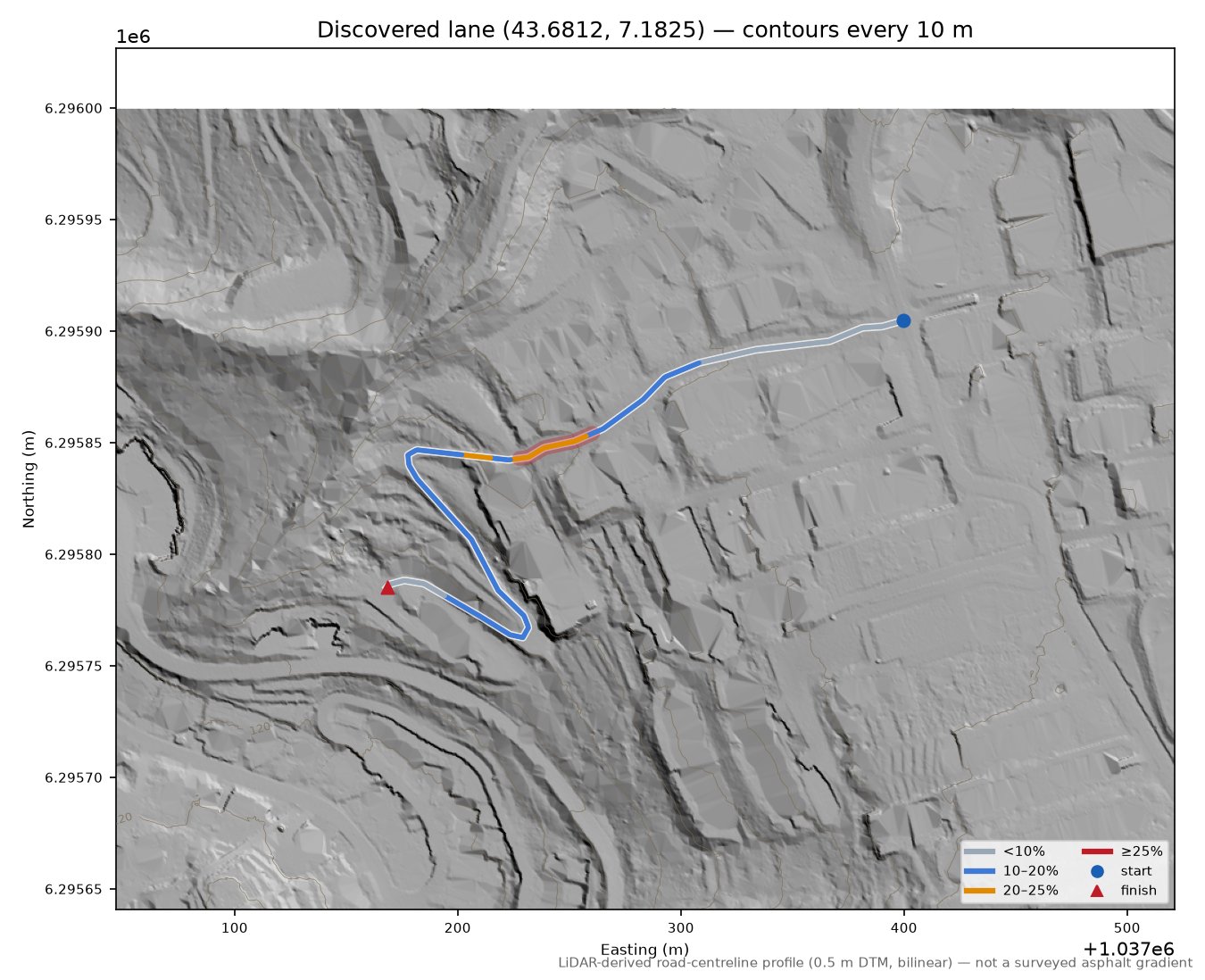 Discovered lane (43.6812, 7.1825) LiDAR hillshade map with contours