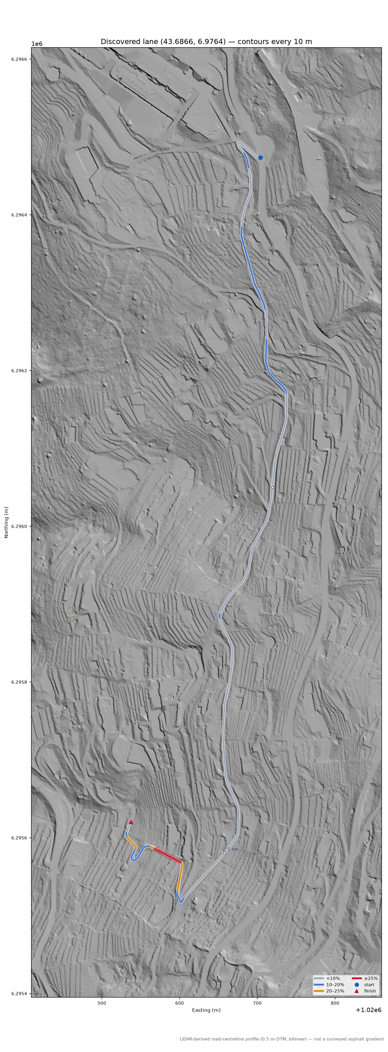 Discovered lane (43.6866, 6.9764) LiDAR hillshade map with contours