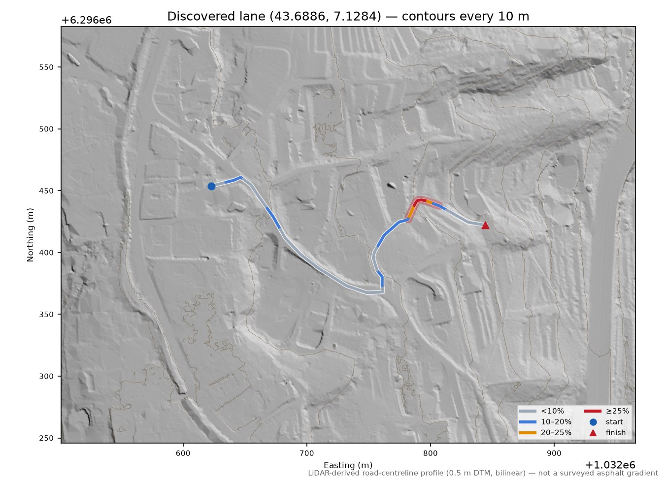 Discovered lane (43.6886, 7.1284) LiDAR hillshade map with contours
