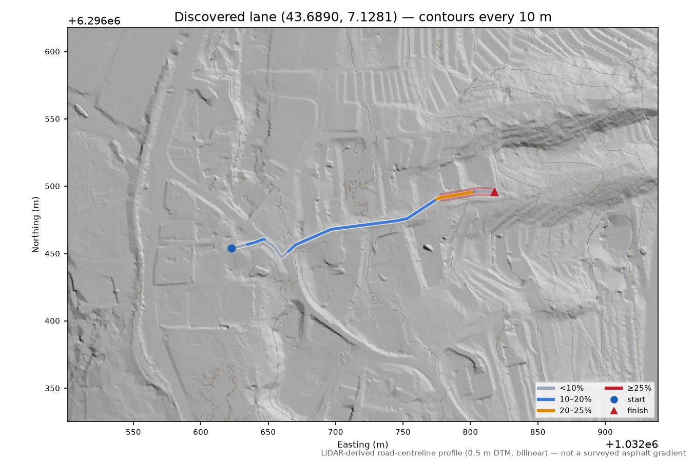 Discovered lane (43.6890, 7.1281) LiDAR hillshade map with contours