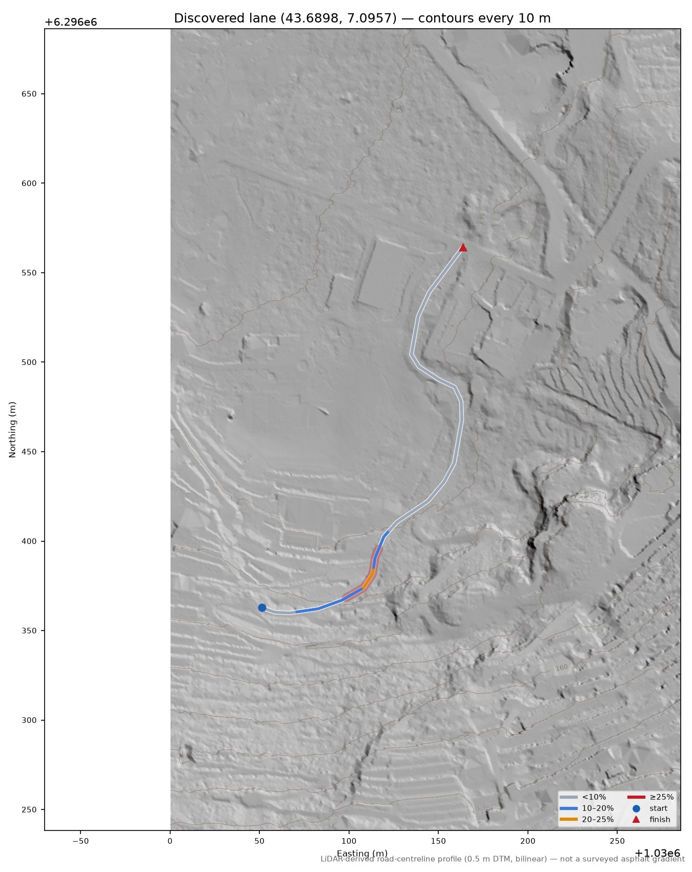 Discovered lane (43.6898, 7.0957) LiDAR hillshade map with contours