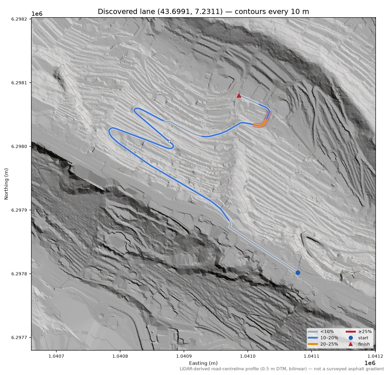 Discovered lane (43.6991, 7.2311) LiDAR hillshade map with contours